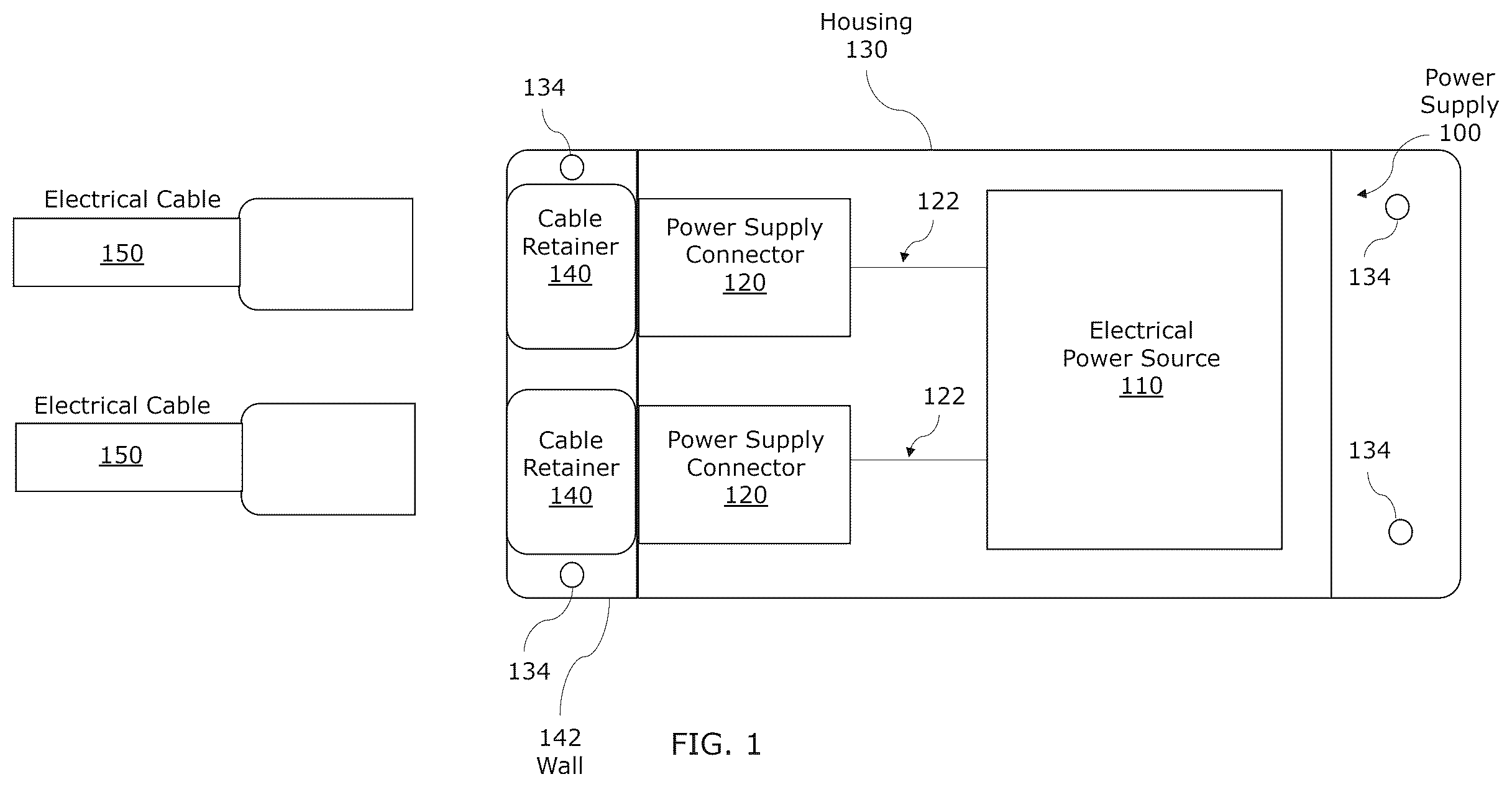 Patent US12586931 Figure 1 – Power supply with cable retention