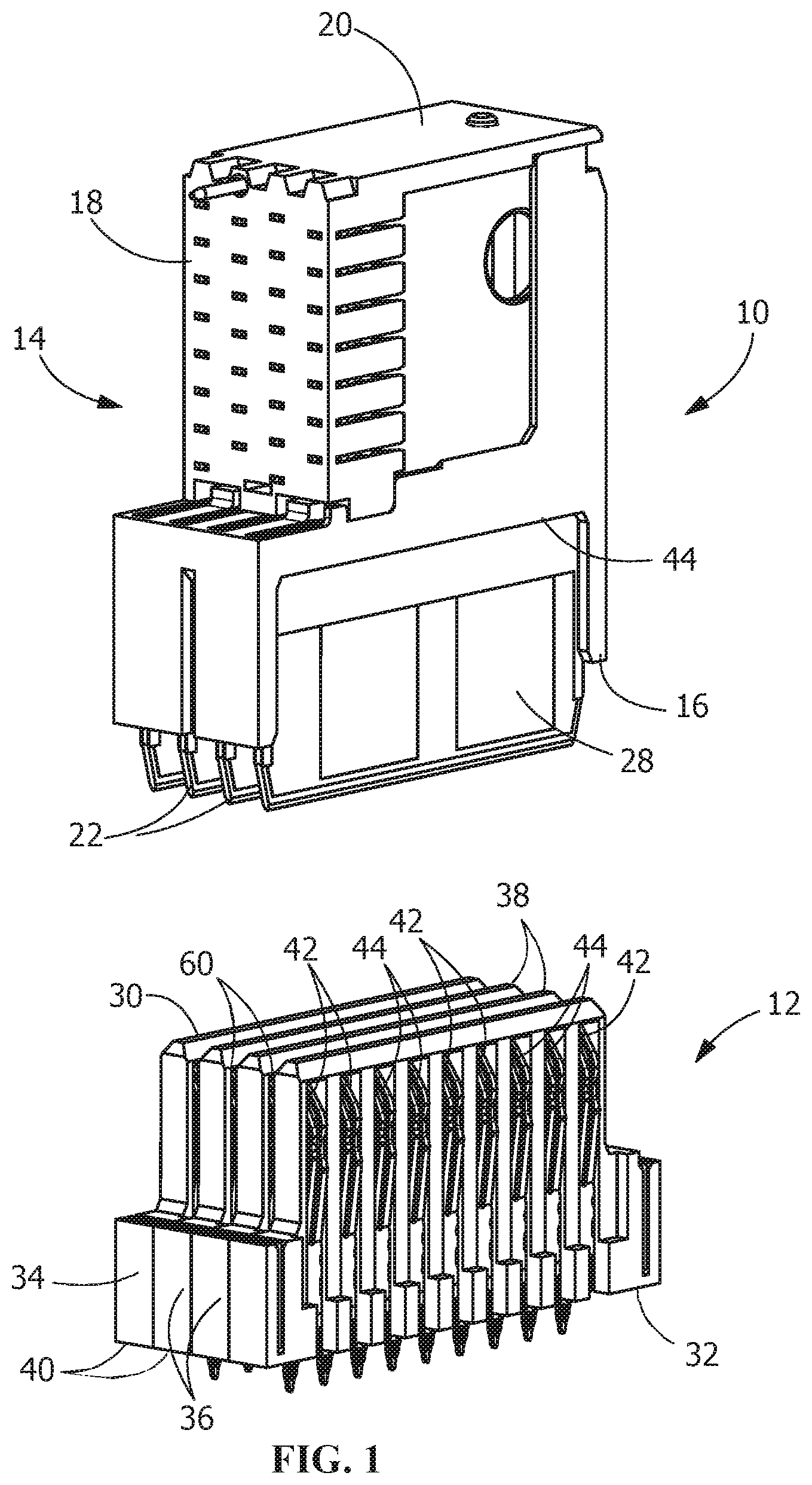Patent US12586944 — Electrical connector with angled contacts with arrangement for controlling crosstalk — Figure 1