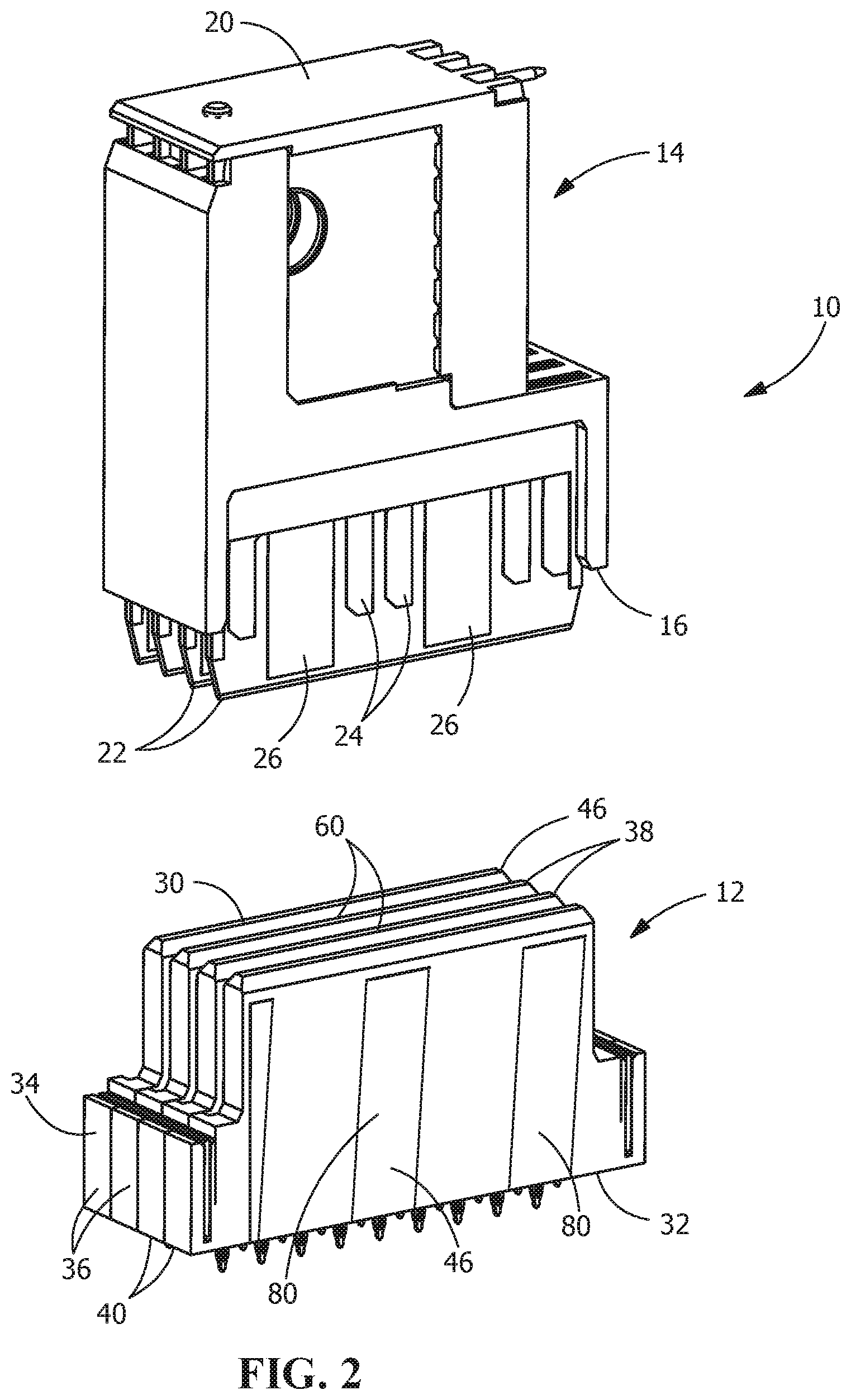 Patent US12586944 Figure 2 – Electrical connector with angled contacts with arrangement for controlling crosstalk