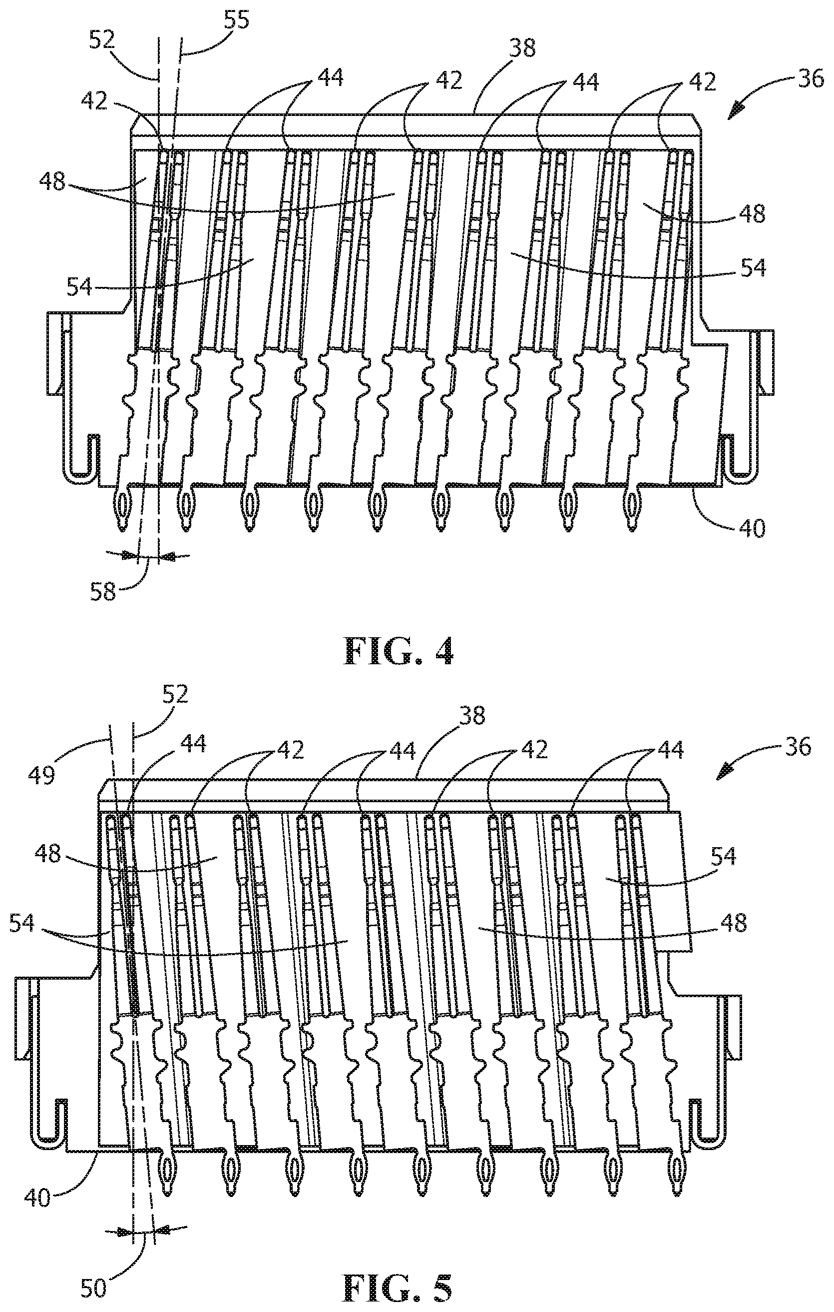 Patent US12586944 Figure 4 – Electrical connector with angled contacts with arrangement for controlling crosstalk