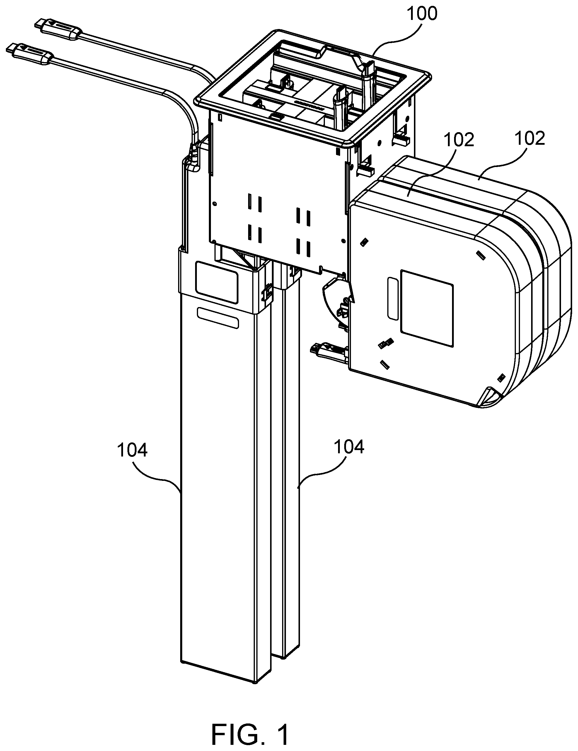Patent US12586950 Figure 1 – Fliptop module and insert for holding multiple types of connectors and cables