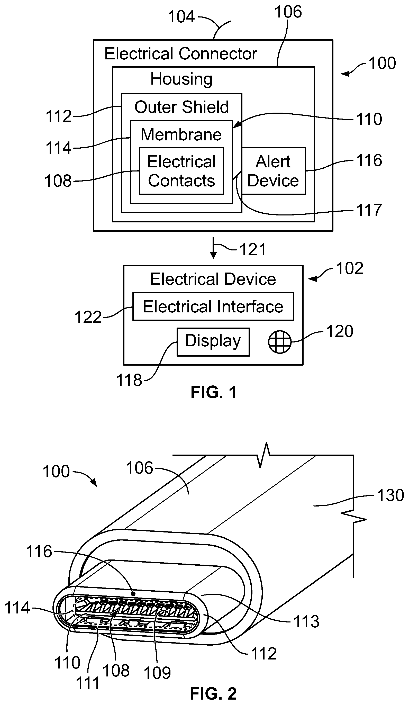 Patent US12586963 Figure 1 – Electrical connector having an anomaly alert system and a brittle membrane