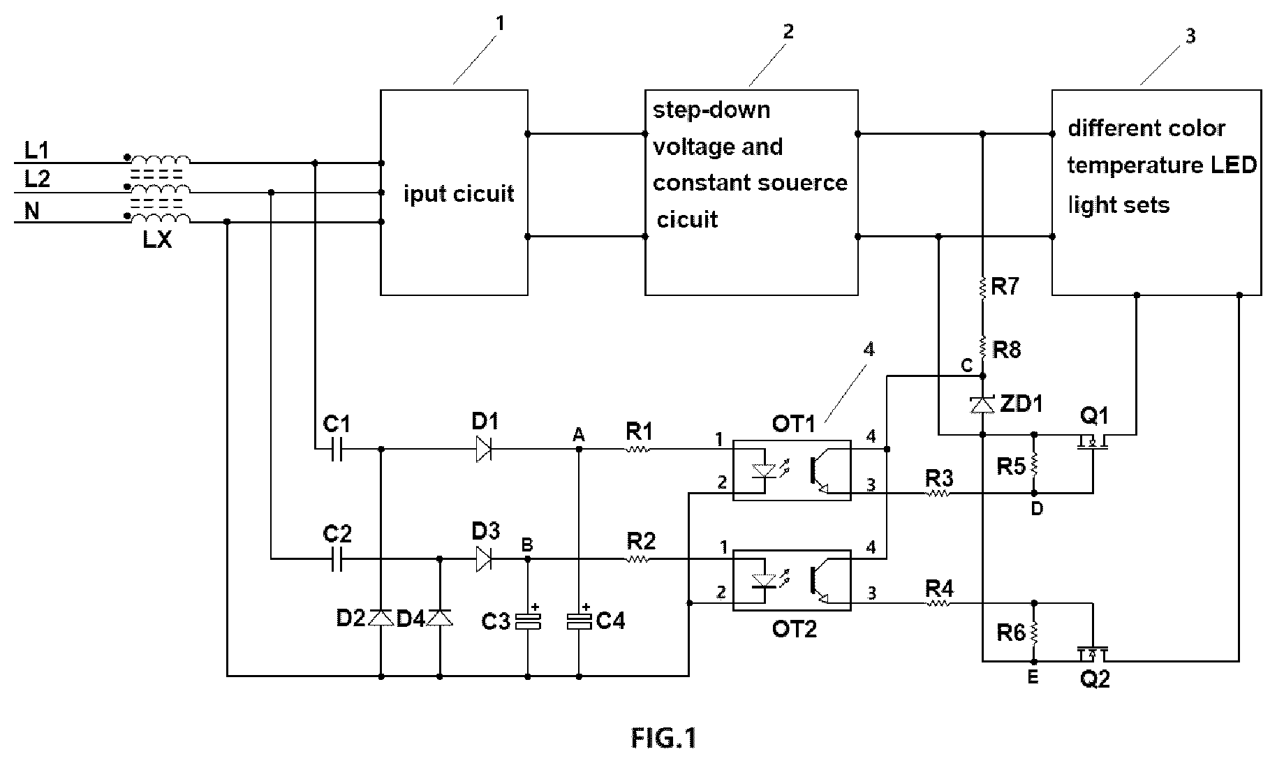 Patent US12588118 Figure 1 – Control circuit for driving different color temperature LED lights with AC input voltage