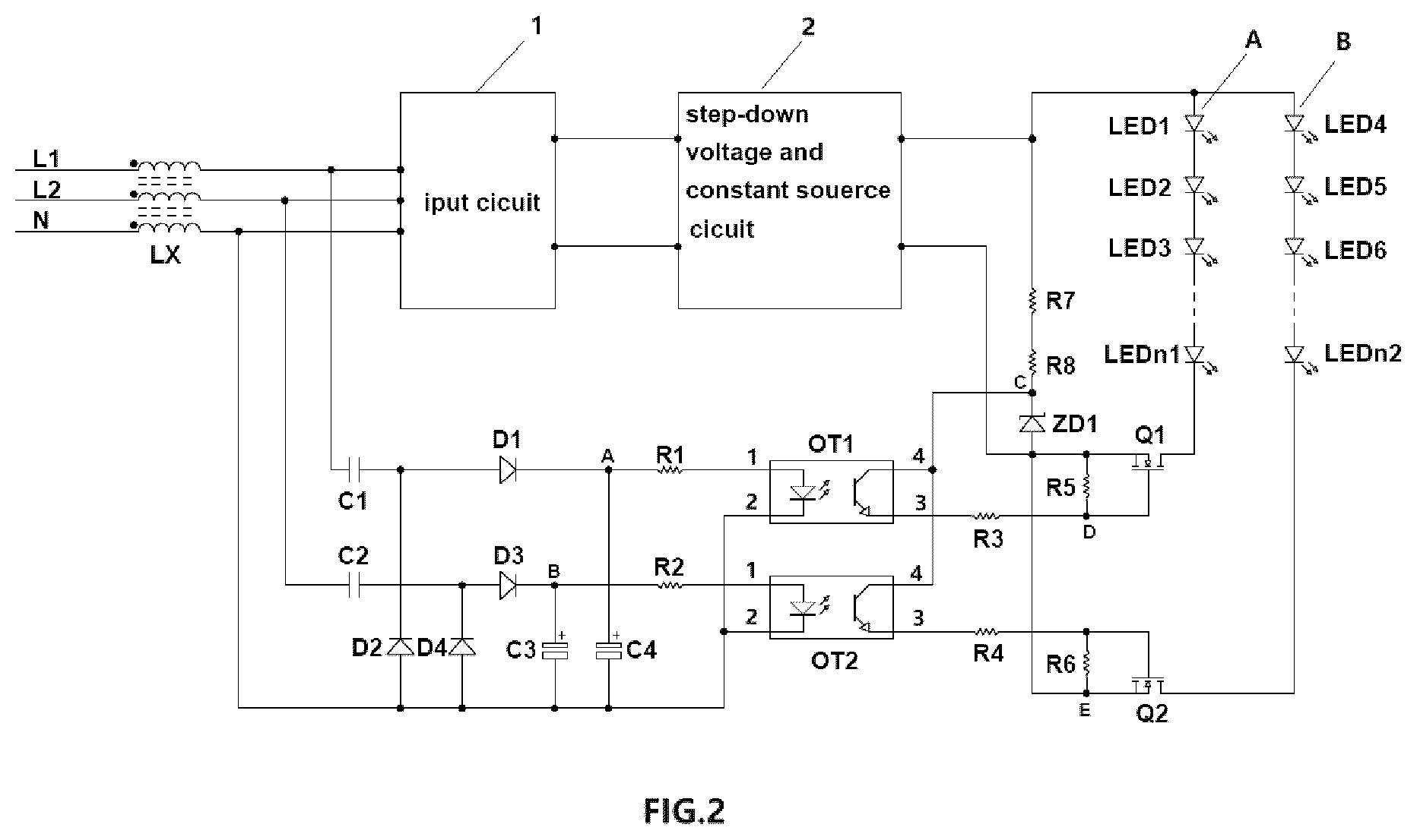 Patent US12588118 Figure 2 – Control circuit for driving different color temperature LED lights with AC input voltage