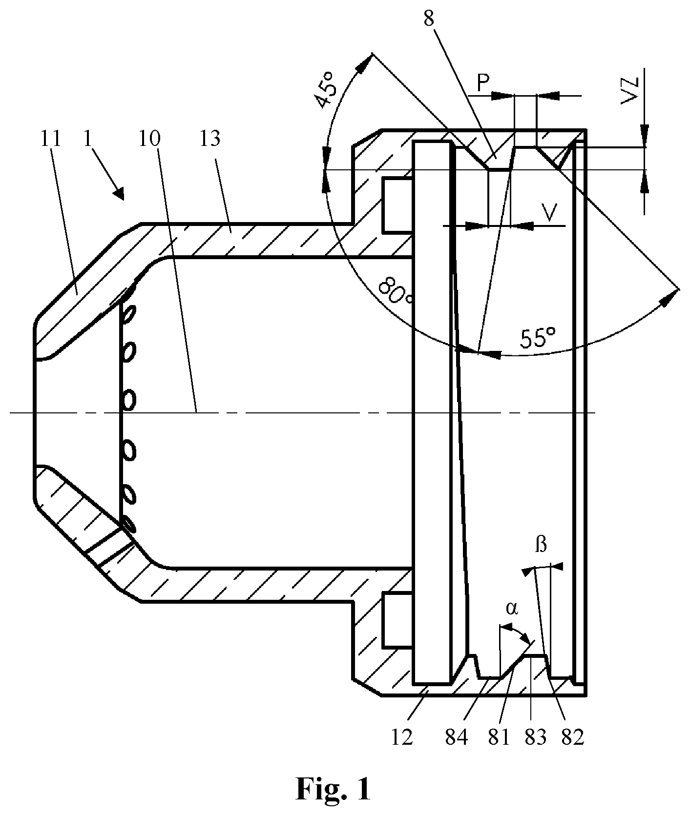 Patent US12588133 Figure 1 – Cutting or welding torch component comprising a buttress thread