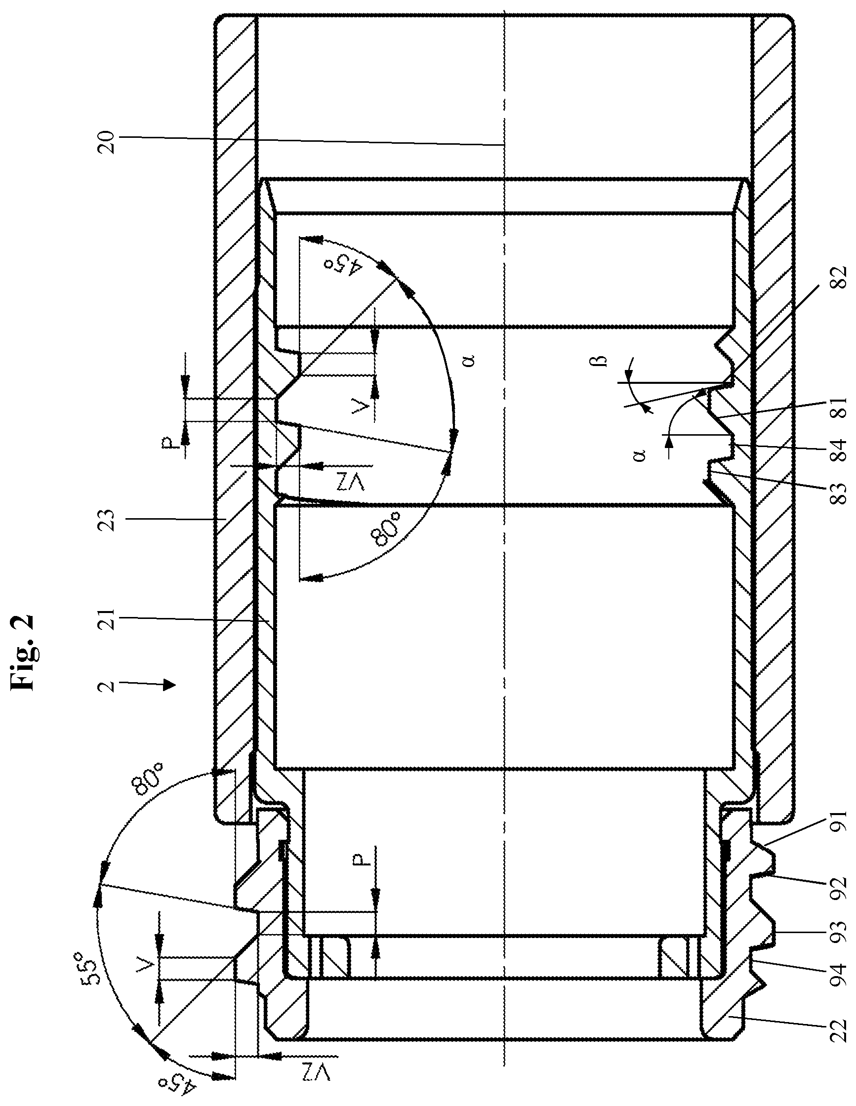 Patent US12588133 Figure 2 – Cutting or welding torch component comprising a buttress thread