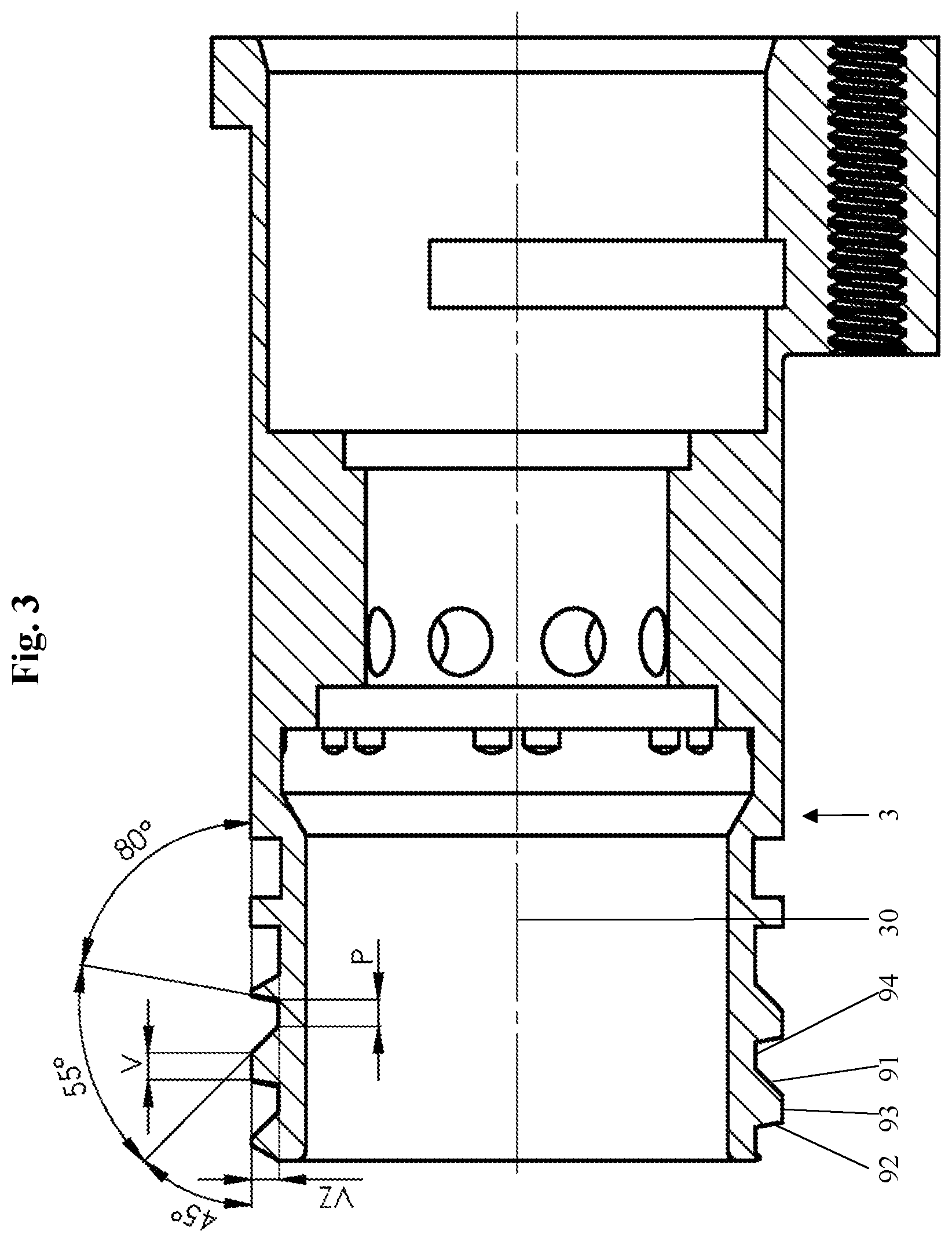 Patent US12588133 Figure 3 – Cutting or welding torch component comprising a buttress thread