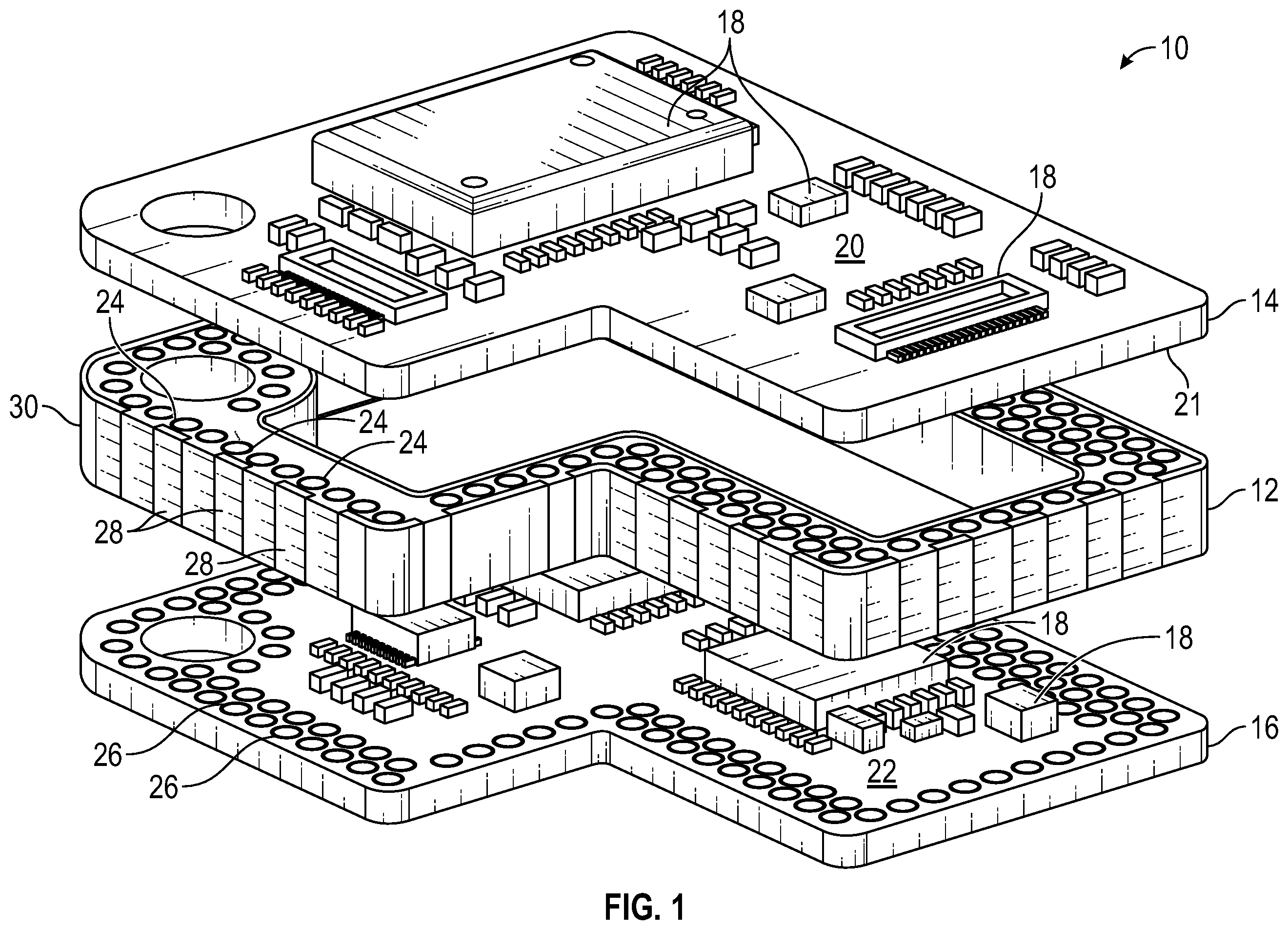 Patent US12588137 Figure 1 – Interposer board side wall having electrical features