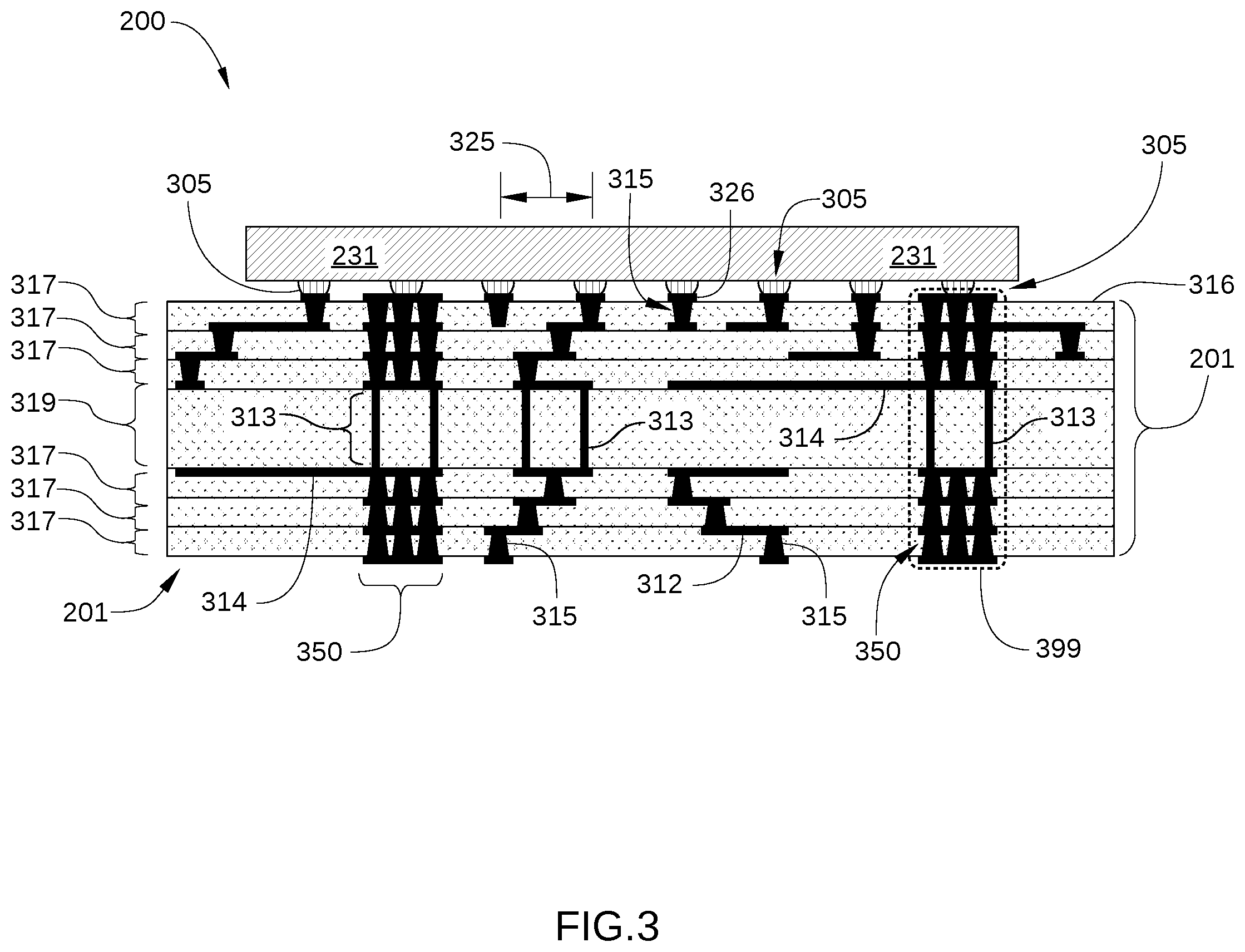 Patent US12588146 Figure 3 – Clustered microvia structure for a high-density interface PCB