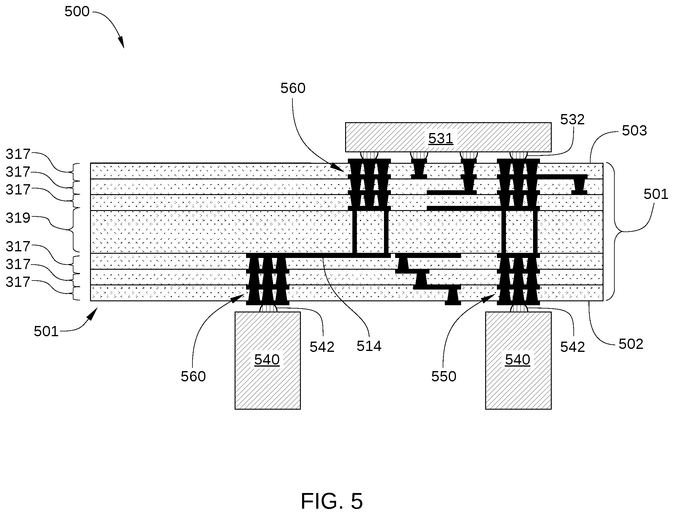 Patent US12588146 Figure 5 – Clustered microvia structure for a high-density interface PCB