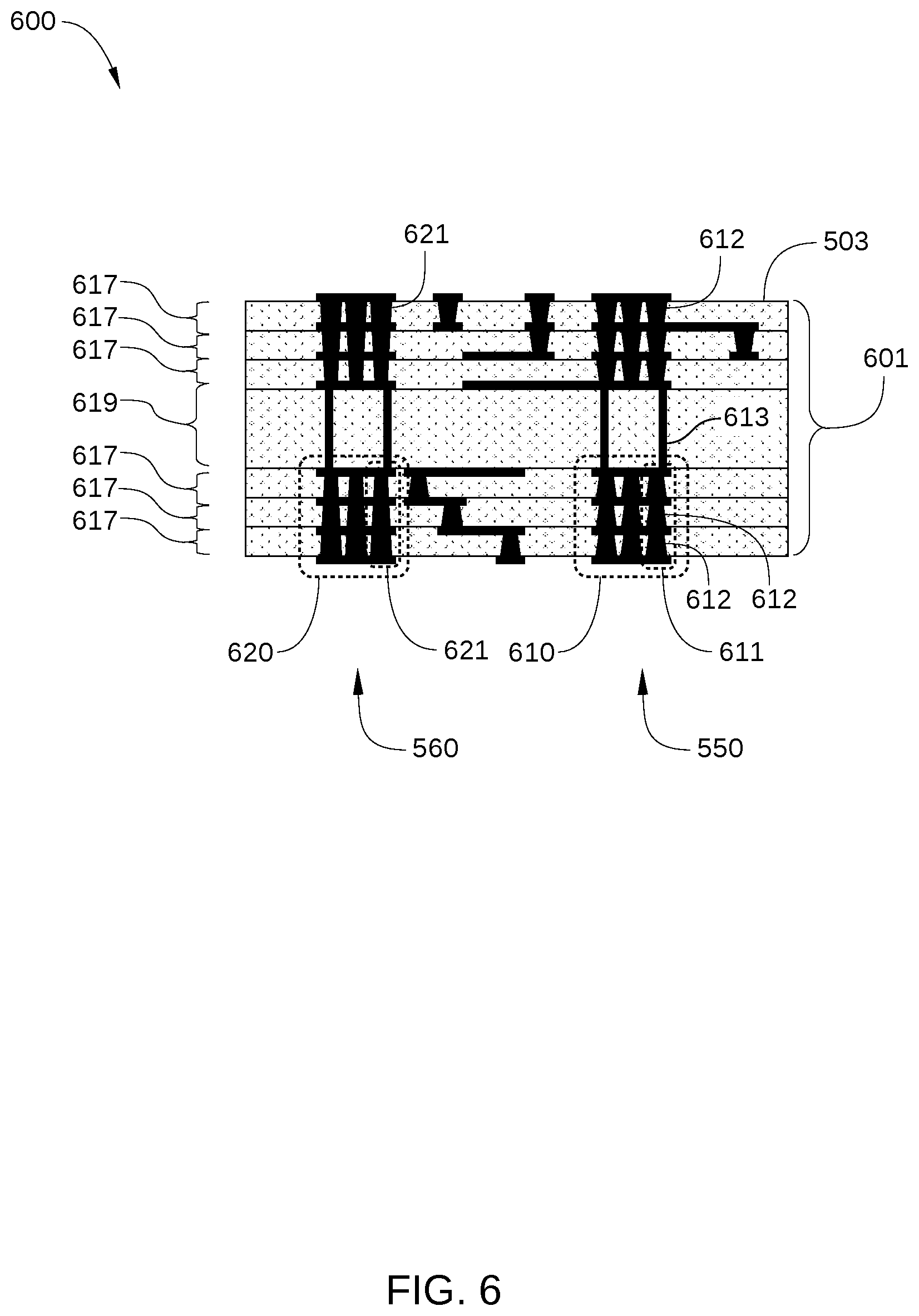 Patent US12588146 Figure 6 – Clustered microvia structure for a high-density interface PCB