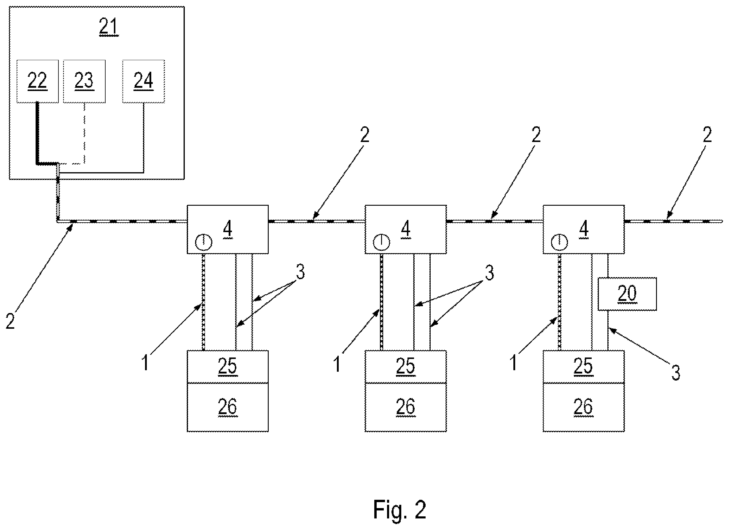 Patent US12588158 Figure 2 – Drive system having a central module, distributors and drives