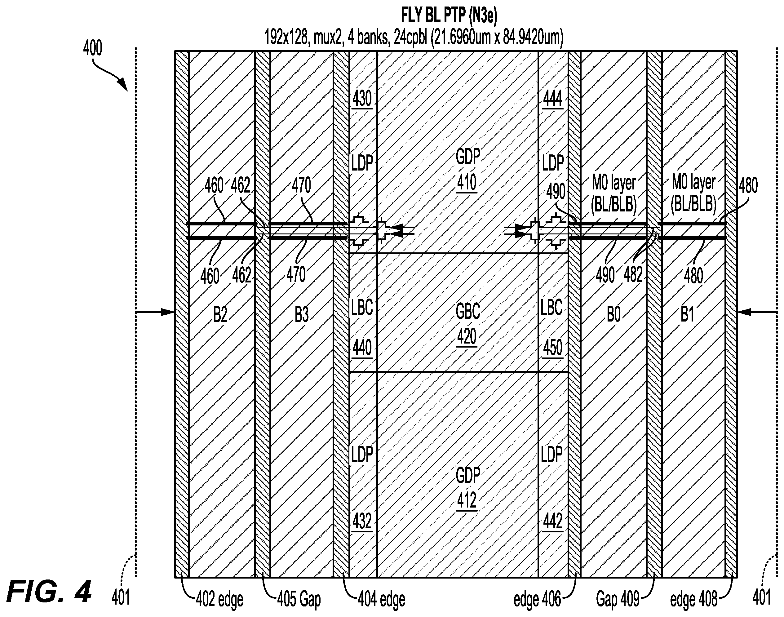 Patent US12588179 Figure 4 – Fly bitline design for pseudo triple port memory