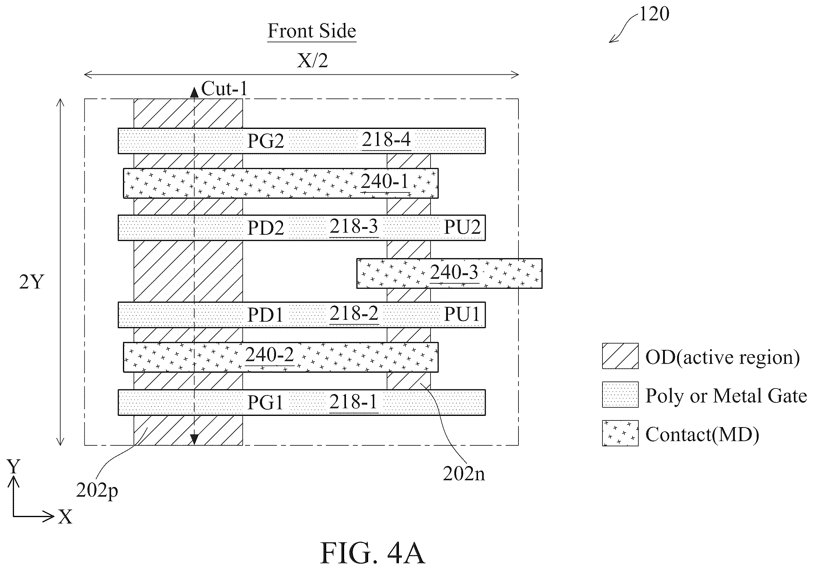 Patent US12588180 Figure 4 – Four-poly-pitch SRAM cell with backside metal tracks