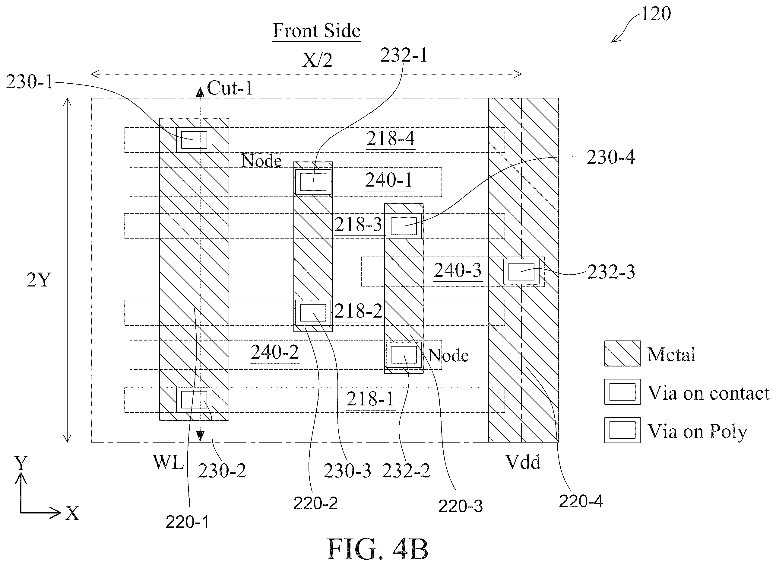 Patent US12588180 Figure 5 – Four-poly-pitch SRAM cell with backside metal tracks