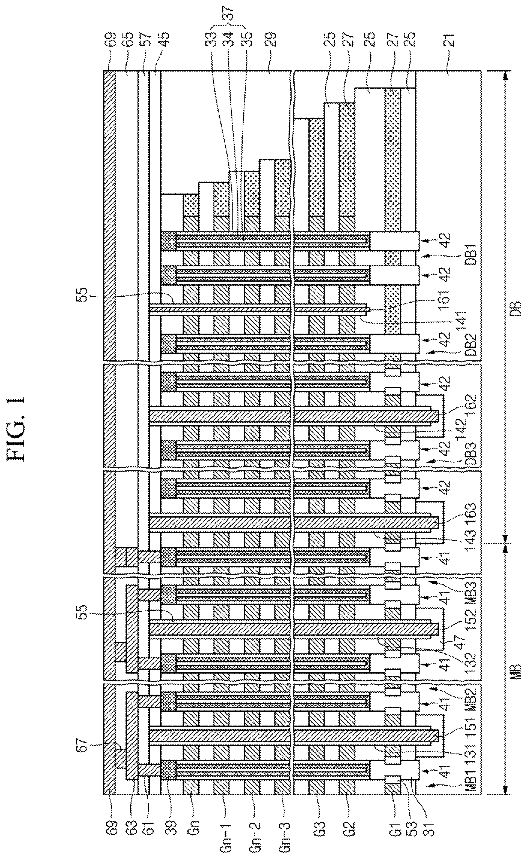 Patent US12588211 Figure 1 – Semiconductor device including stack structure and trenches