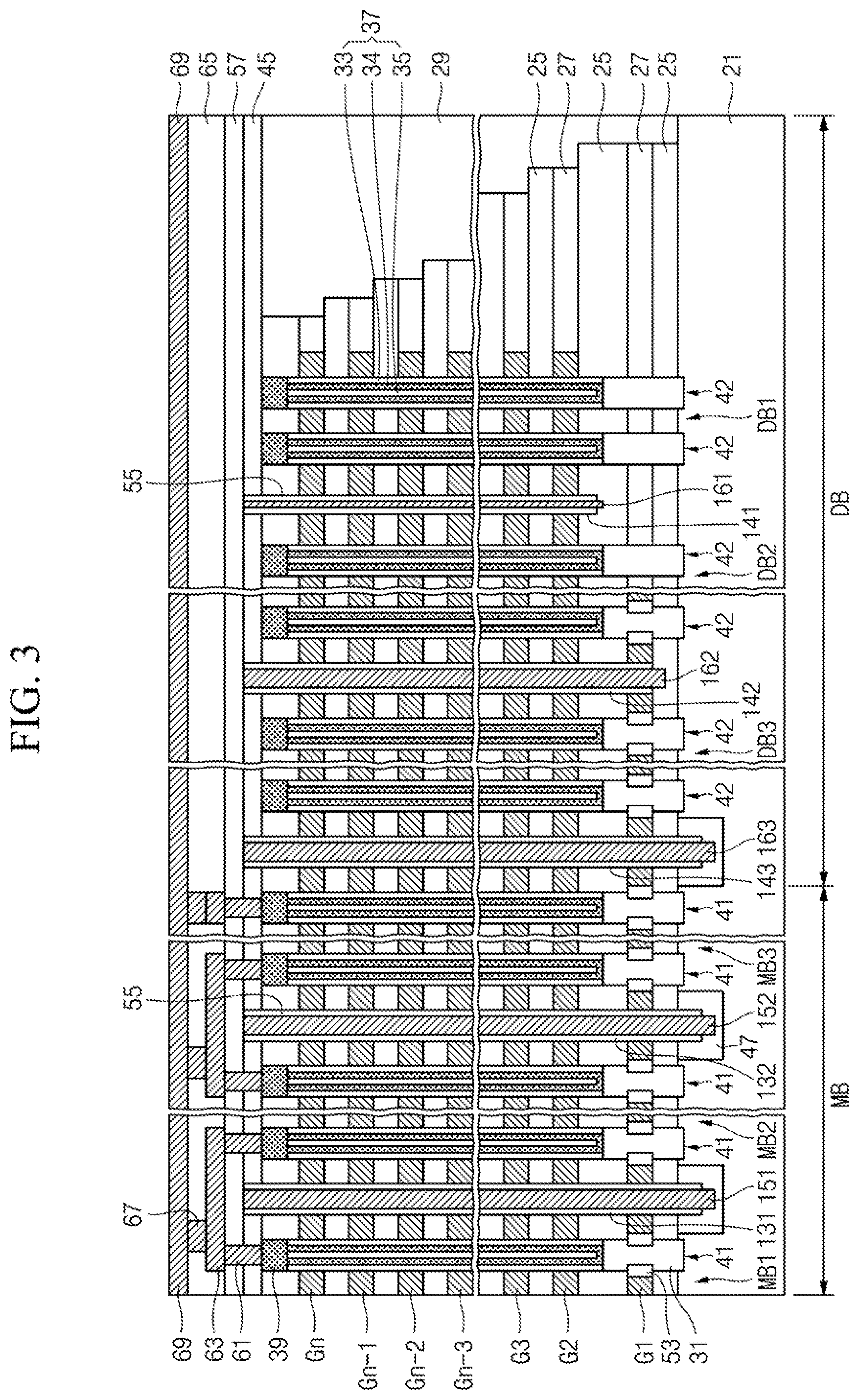 Patent US12588211 Figure 3 – Semiconductor device including stack structure and trenches