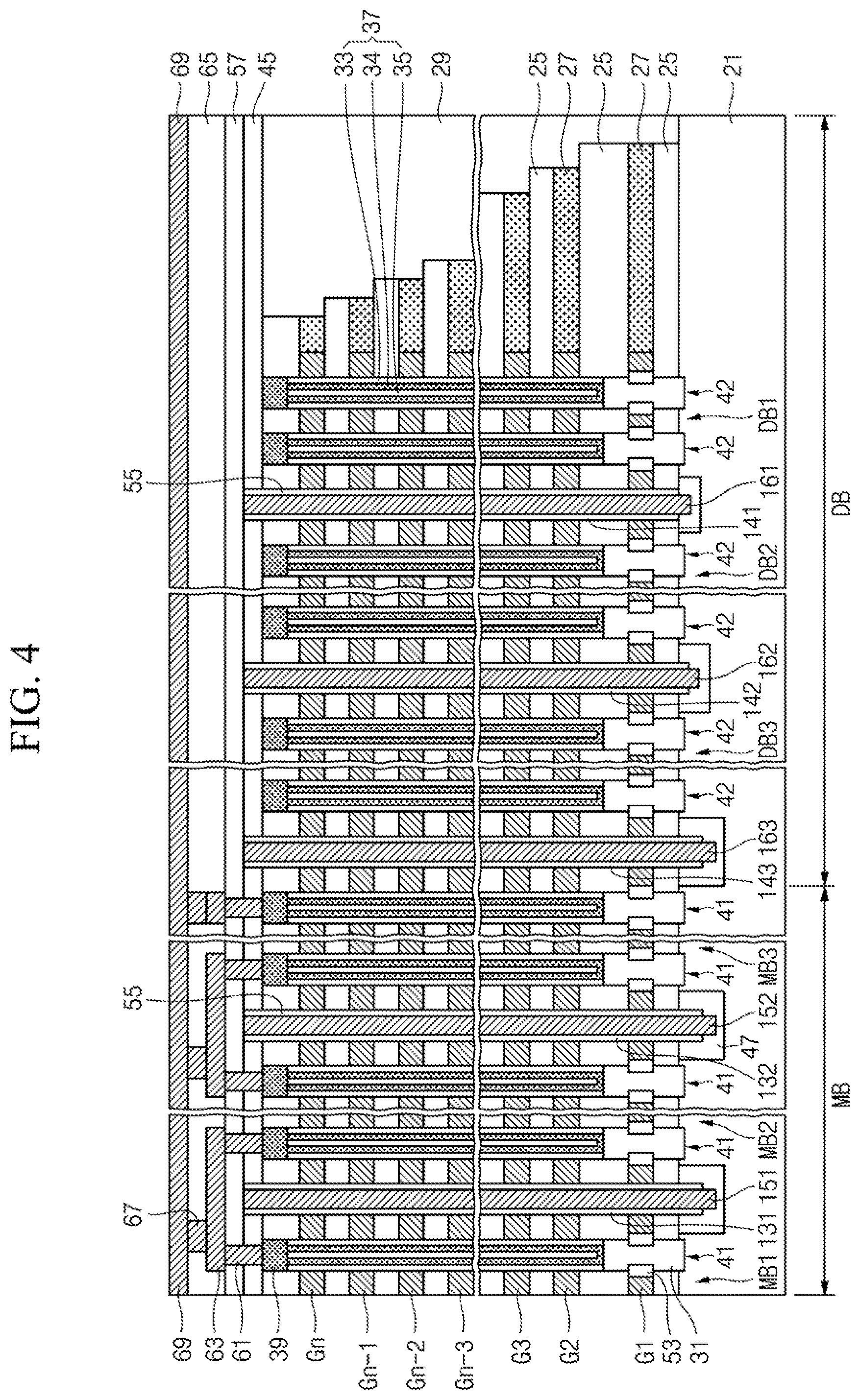 Patent US12588211 Figure 4 – Semiconductor device including stack structure and trenches