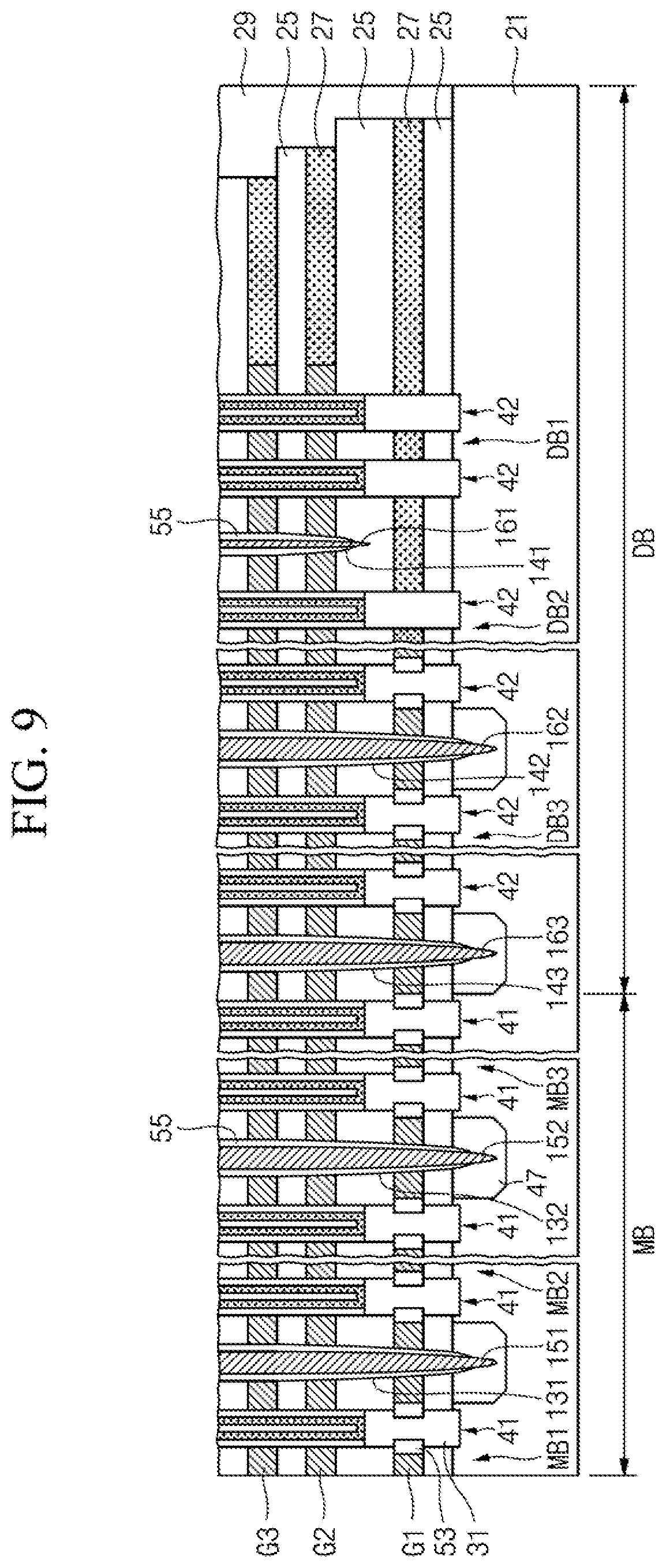 Patent US12588211 Figure 8 – Semiconductor device including stack structure and trenches
