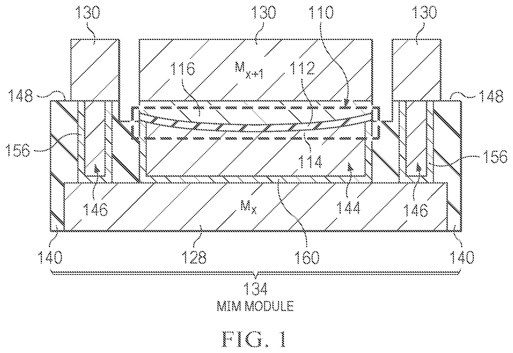 Patent US12588224 Figure 1 – Metal-insulator-metal (MIM) capacitors with curved electrode