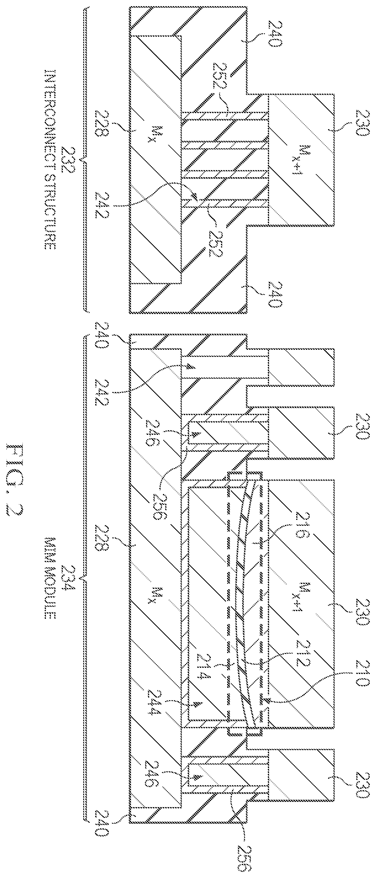 Patent US12588224 Figure 2 – Metal-insulator-metal (MIM) capacitors with curved electrode