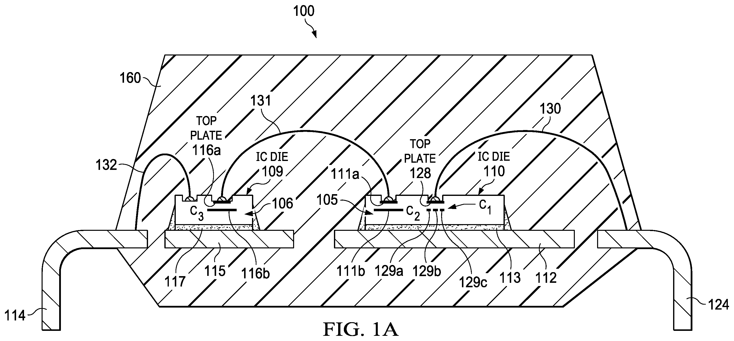 Patent US12588225 Figure 1 – IC including capacitor having segmented bottom plate