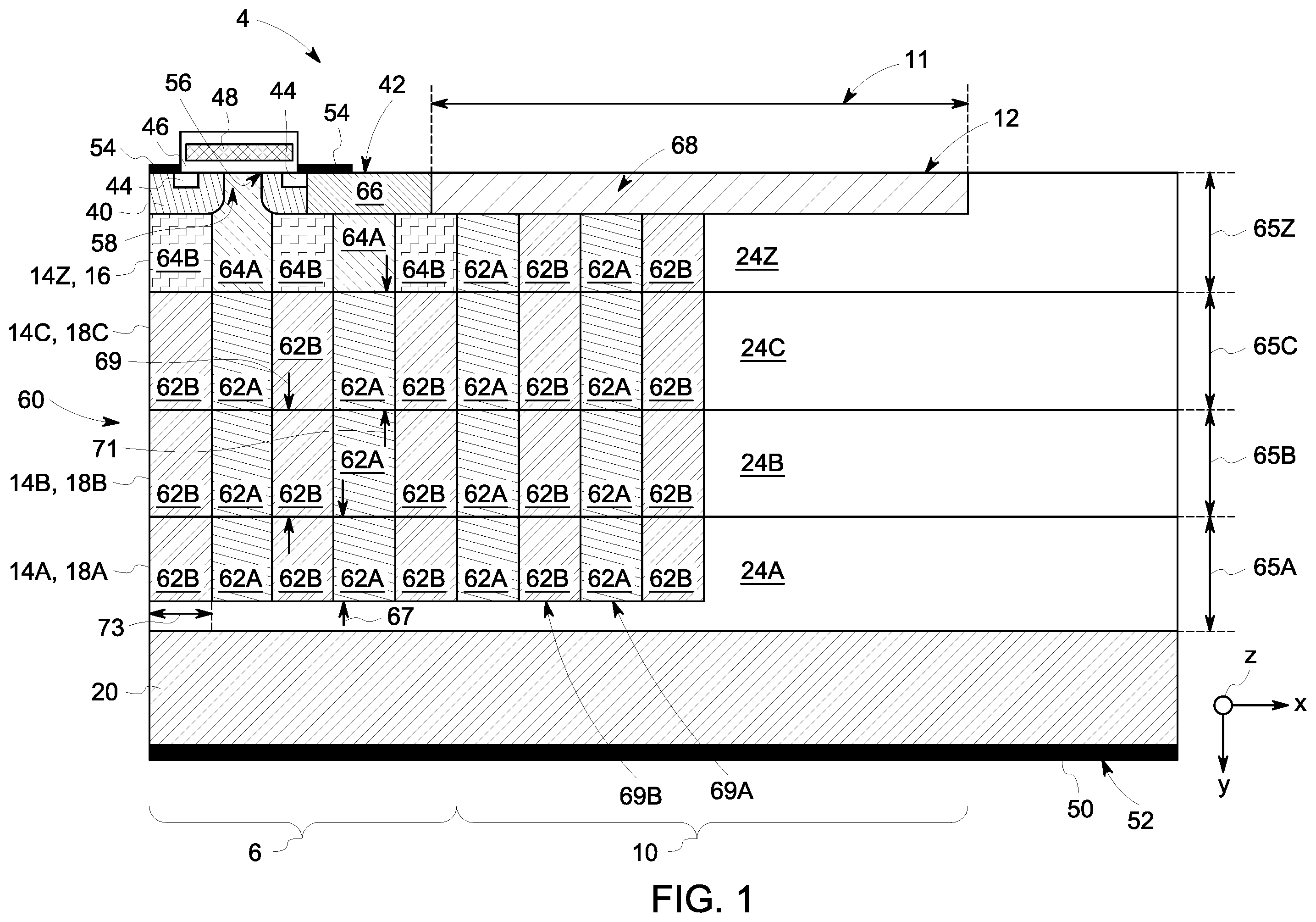 Patent US12588254 Figure 1 – Systems and methods for pillar extension in termination areas of wide band gap super-junction power devices