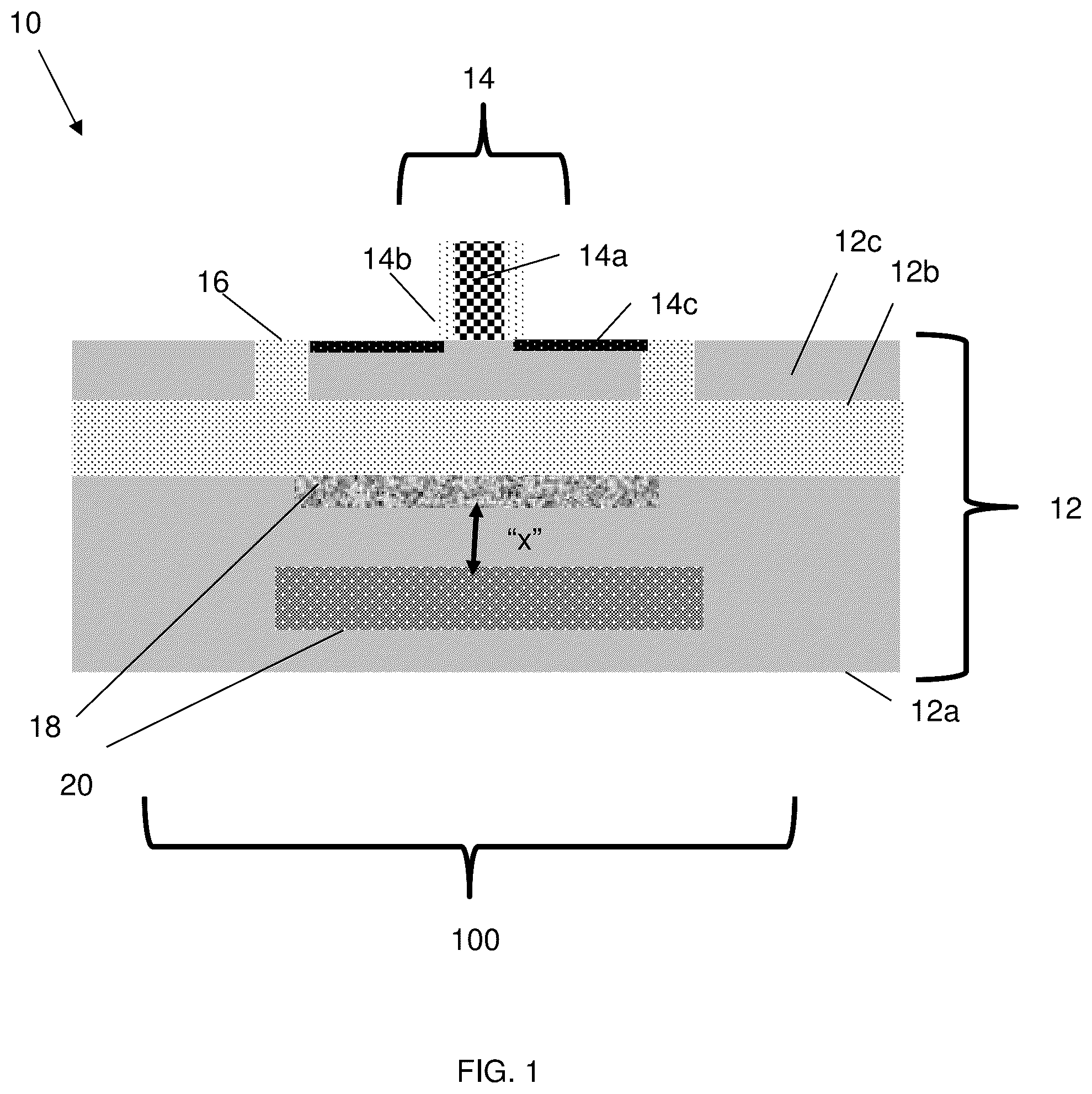 Patent US12588282 Figure 1 – Integrated structure with trap rich regions and low resistivity regions