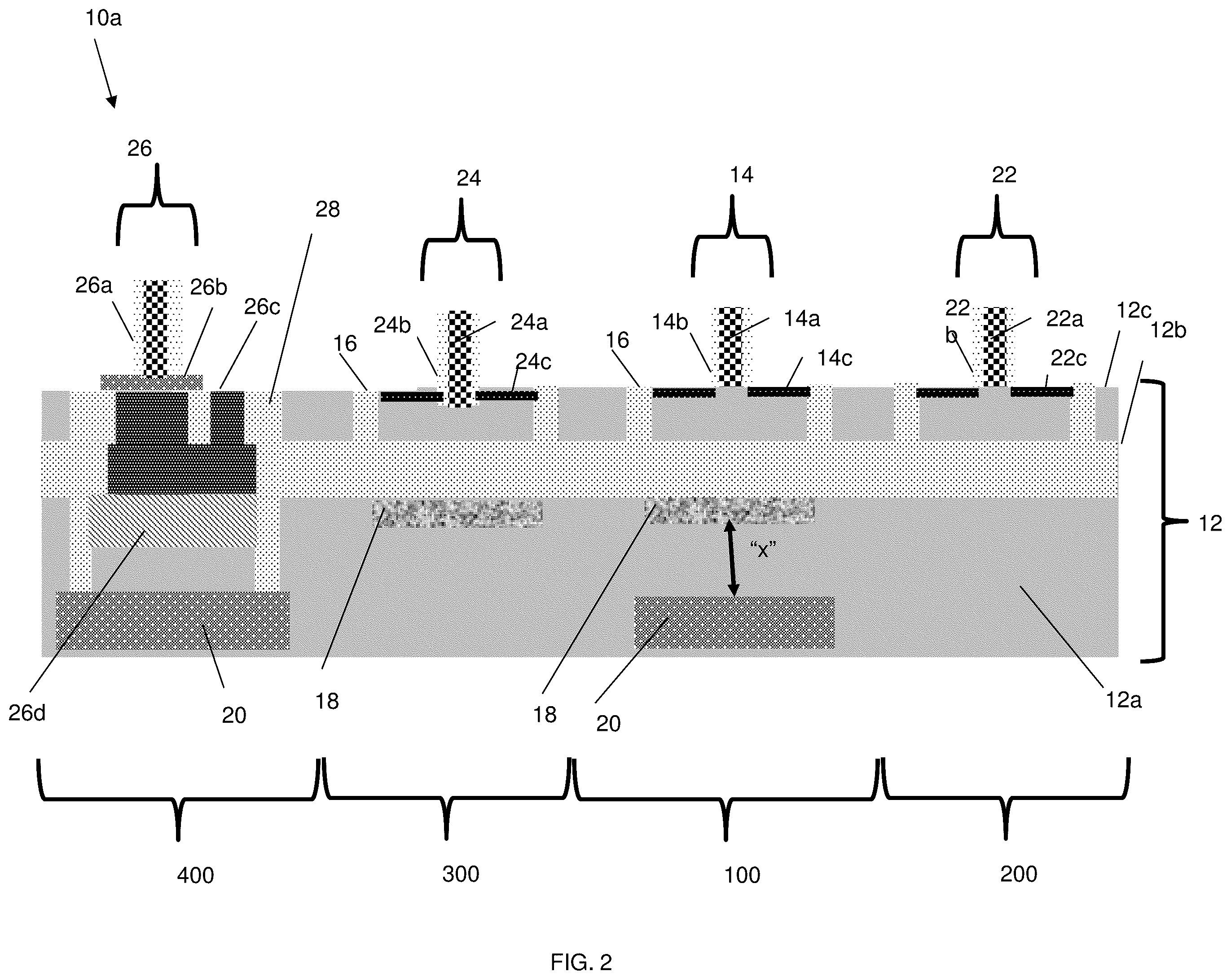 Patent US12588282 Figure 2 – Integrated structure with trap rich regions and low resistivity regions