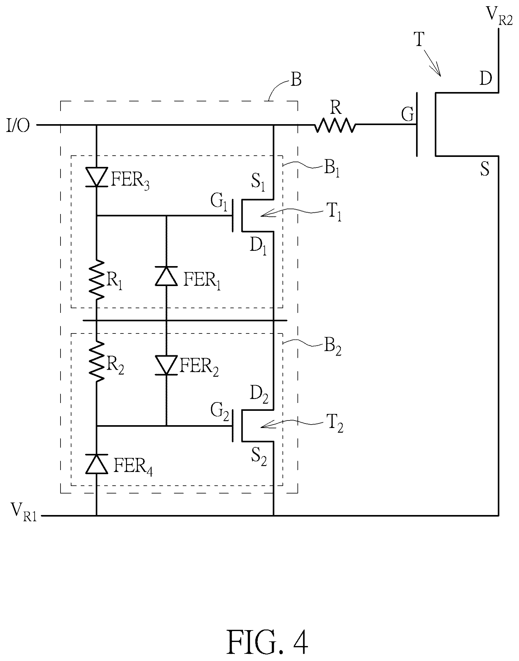 Patent US12588293 Figure 4 – Electrostatic discharge protection circuit using GaN-based devices