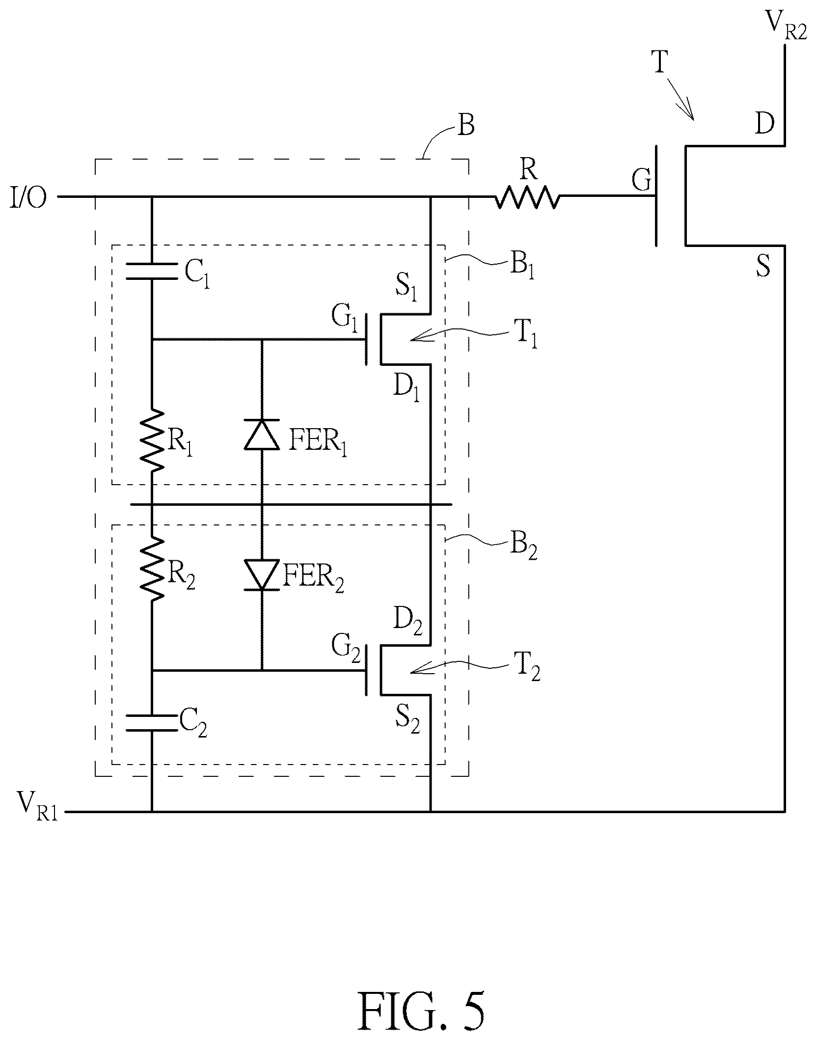 Patent US12588293 Figure 5 – Electrostatic discharge protection circuit using GaN-based devices
