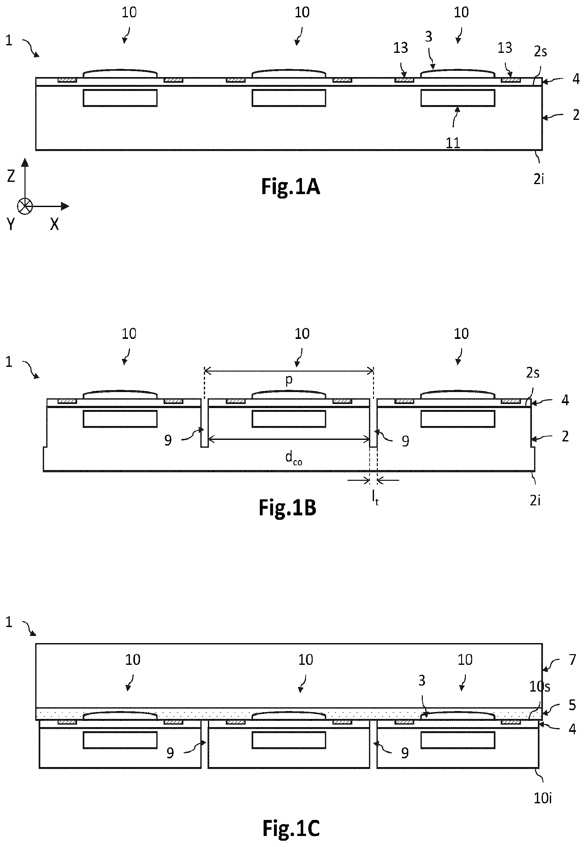 Patent US12588313 Figure 1 – Method for collective bending of microelectronic components including a transfer the microelectronic components then assembled to a temporary handle