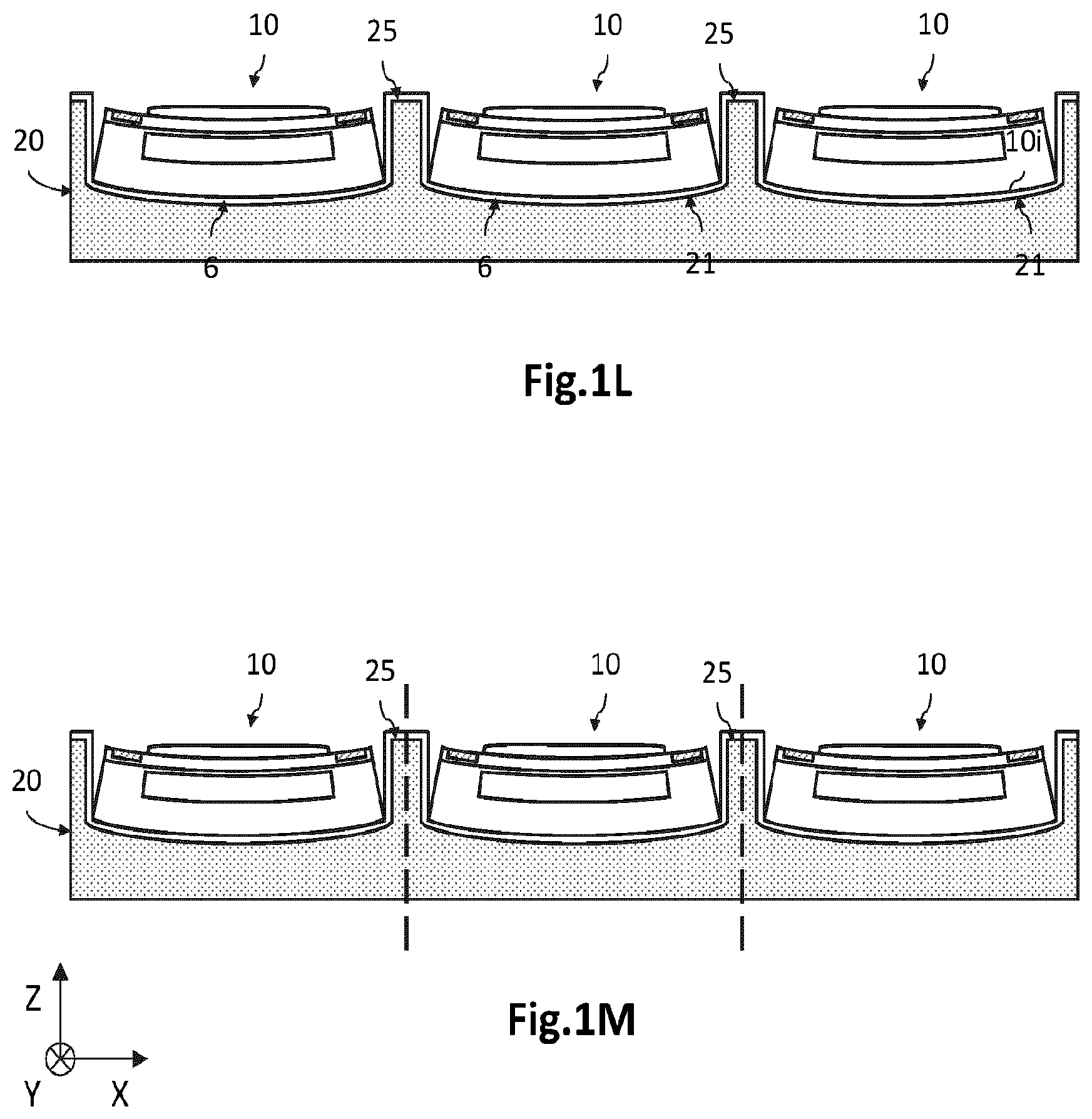 Patent US12588313 Figure 5 – Method for collective bending of microelectronic components including a transfer the microelectronic components then assembled to a temporary handle