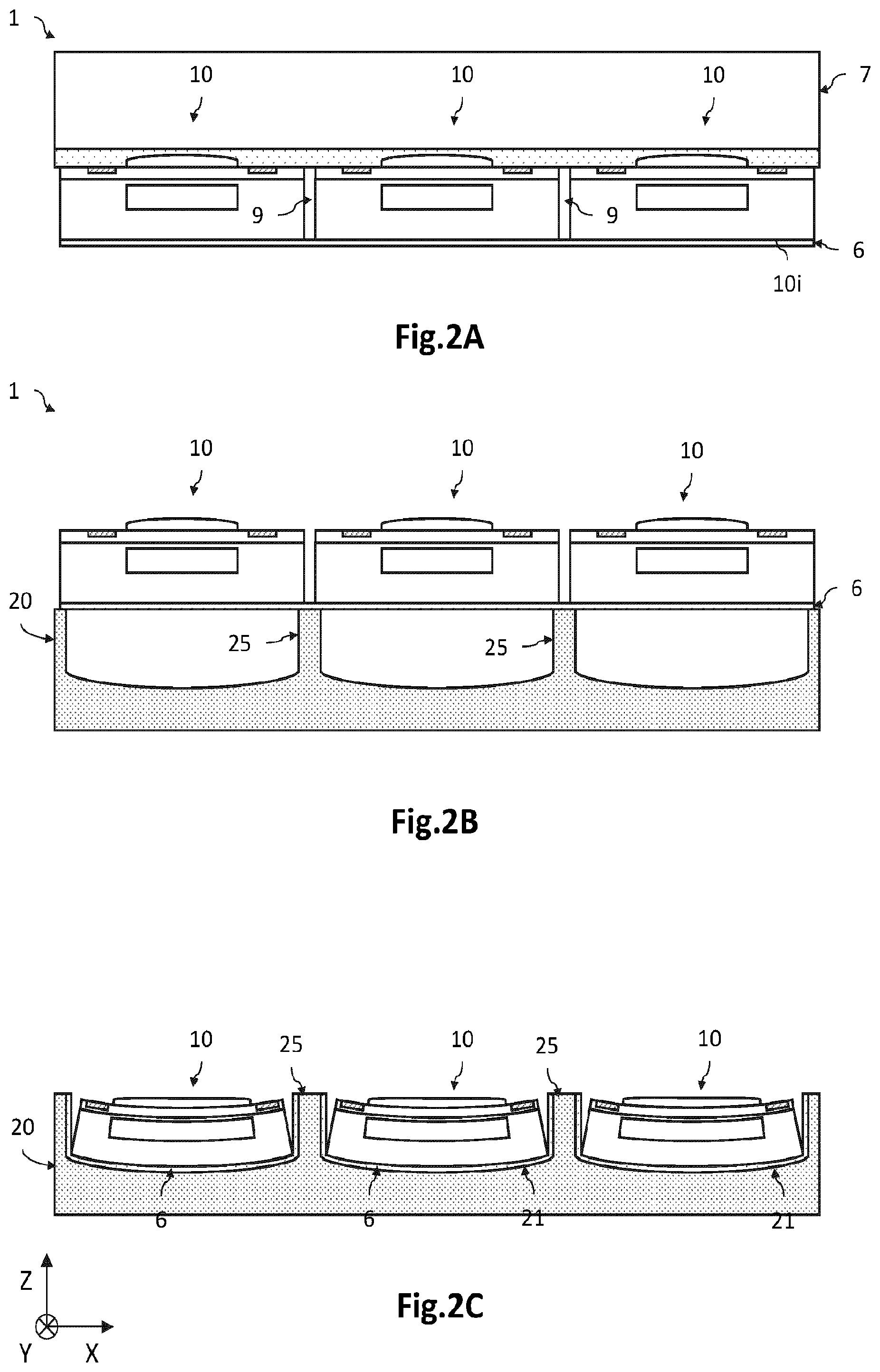 Patent US12588313 Figure 6 – Method for collective bending of microelectronic components including a transfer the microelectronic components then assembled to a temporary handle