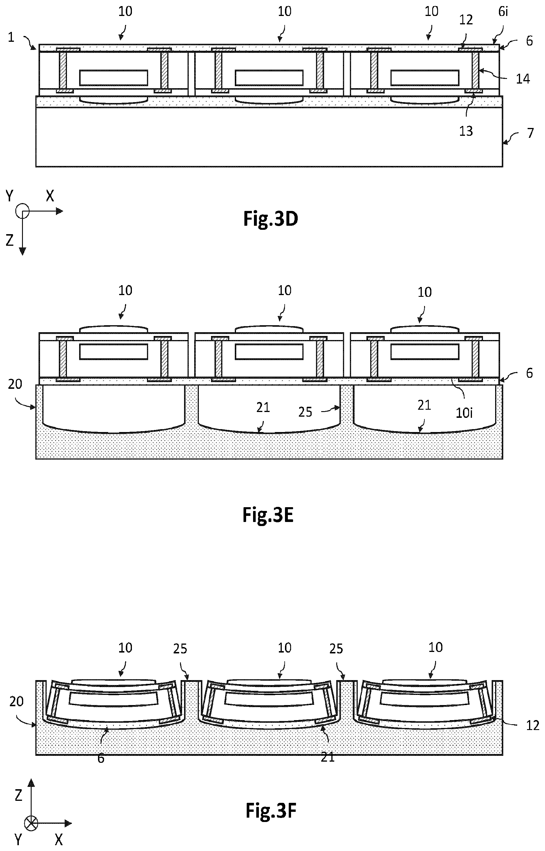 Patent US12588313 Figure 8 – Method for collective bending of microelectronic components including a transfer the microelectronic components then assembled to a temporary handle