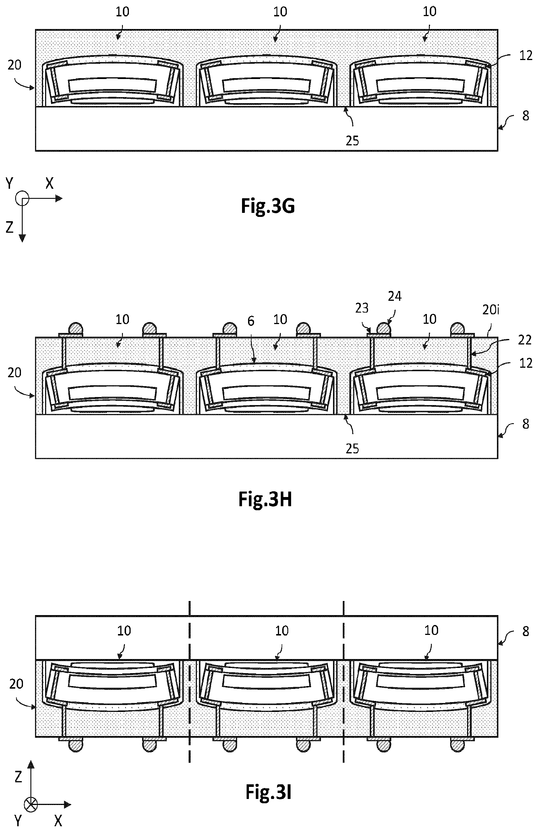 Patent US12588313 Figure 9 – Method for collective bending of microelectronic components including a transfer the microelectronic components then assembled to a temporary handle