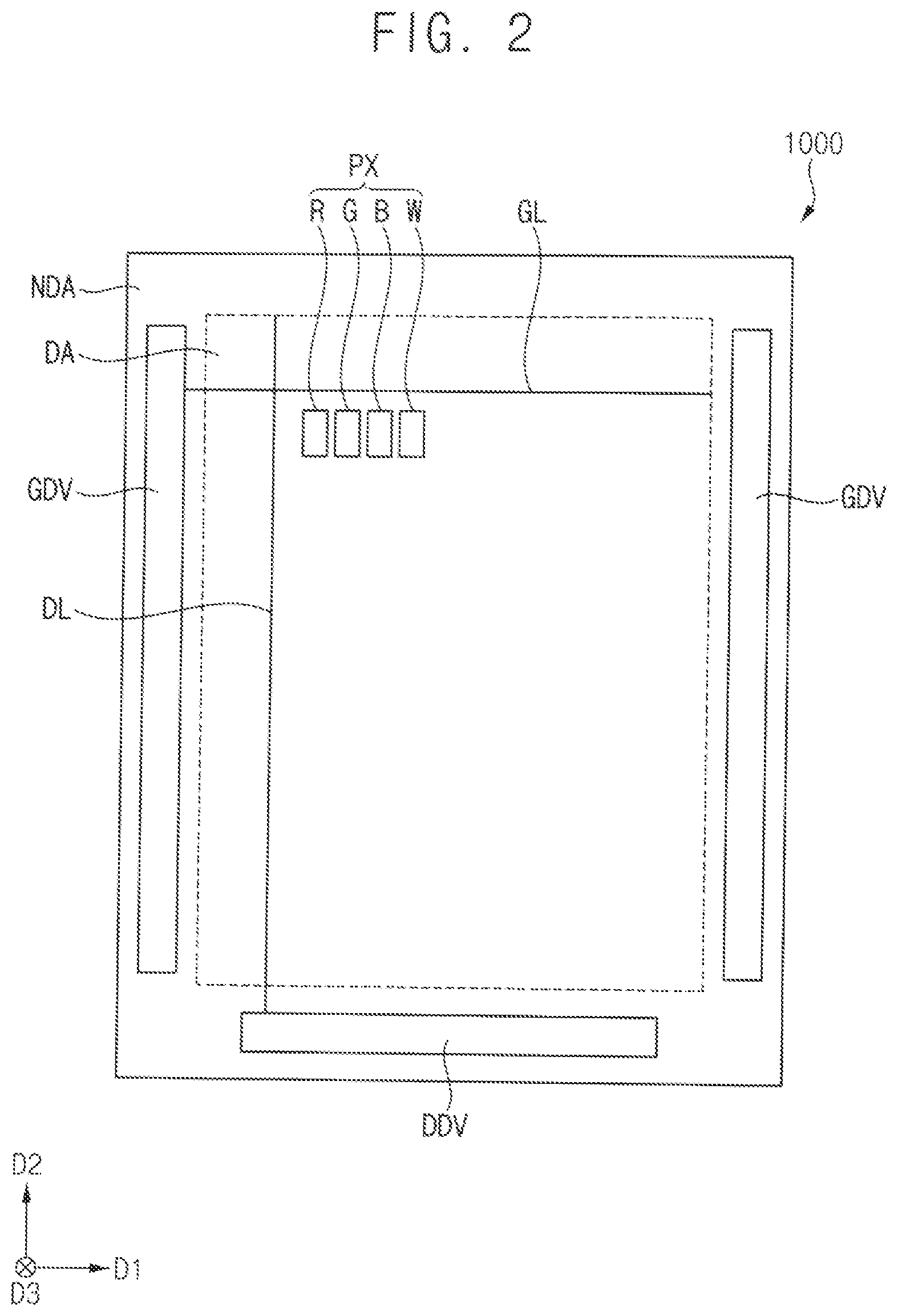 Patent US12588332 Figure 2 – Display device having color conversion and color reinforcement patterns