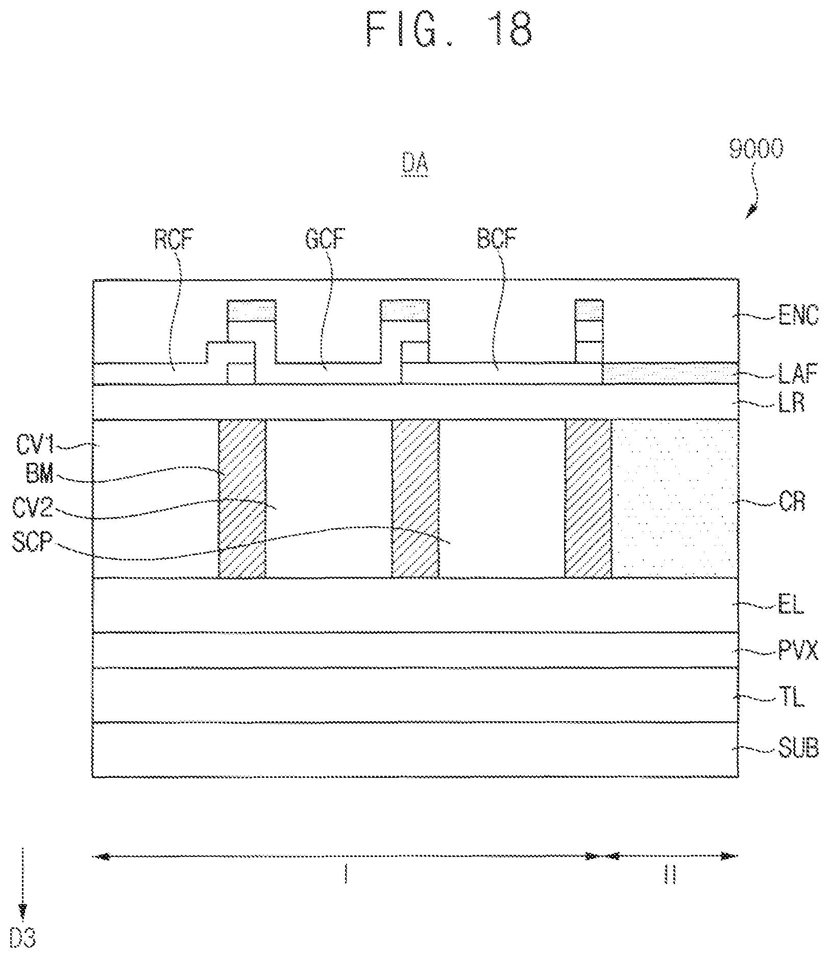 Patent US12588332 Figure 15 – Display device having color conversion and color reinforcement patterns