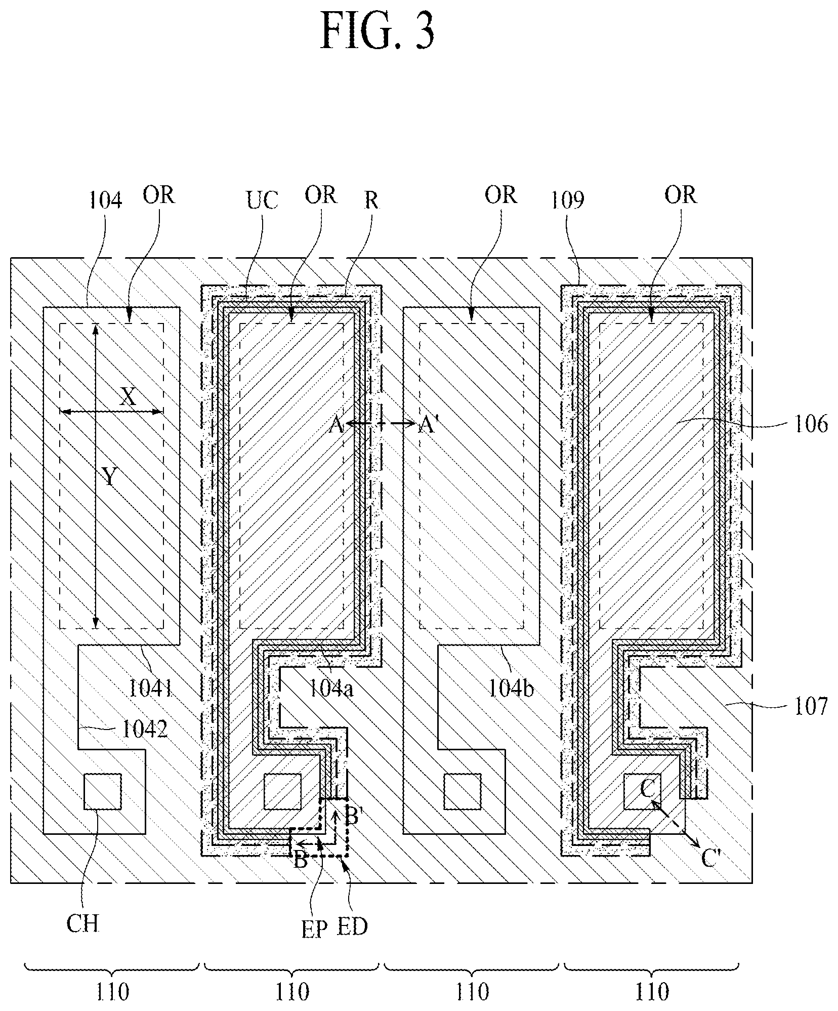 Patent US12588357 Figure 3 – Light emitting display apparatus including an undercut along an outer periphery of an anode