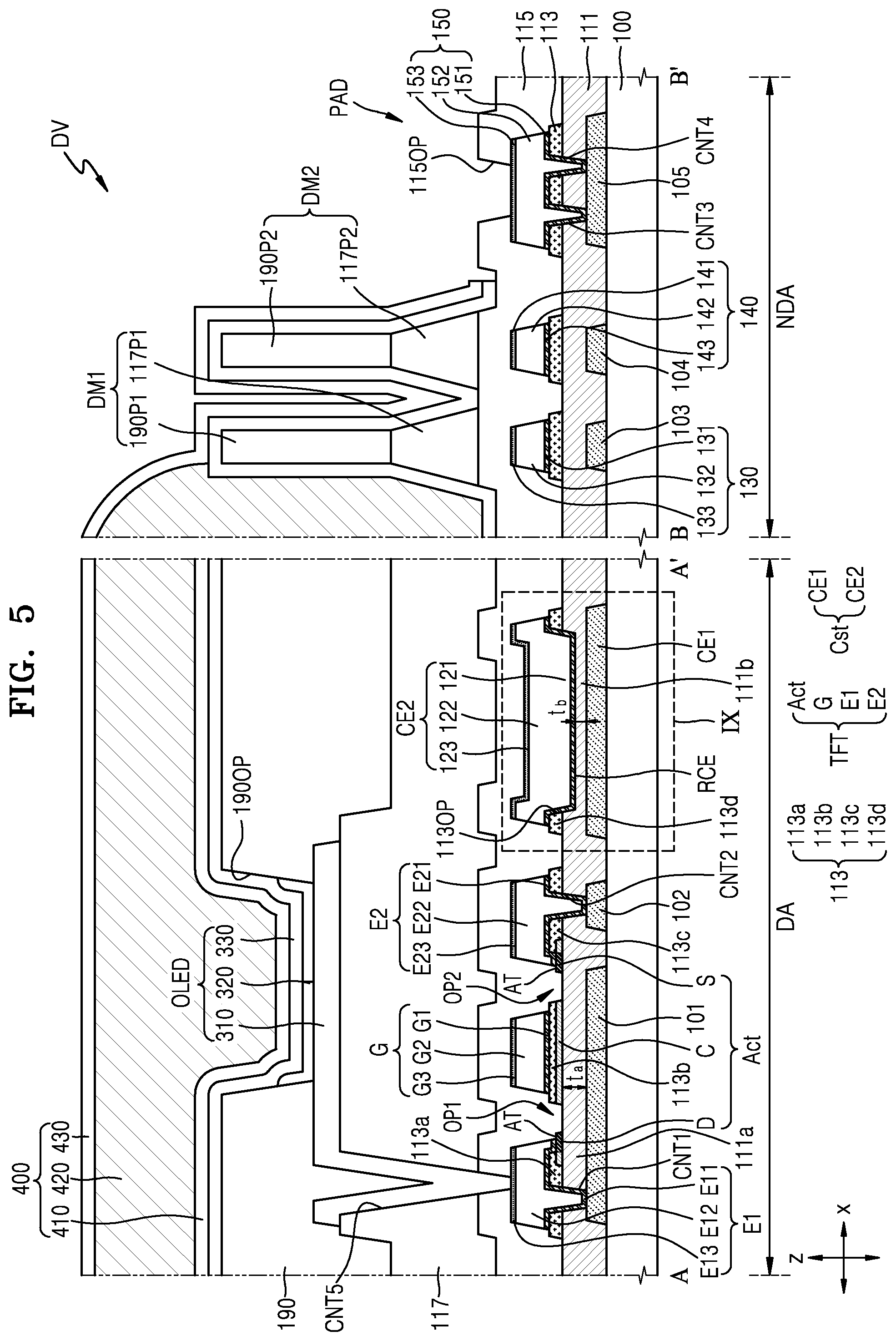 Patent US12588362 Figure 5 – Display apparatus having a first insulating layer including first portion and second portion