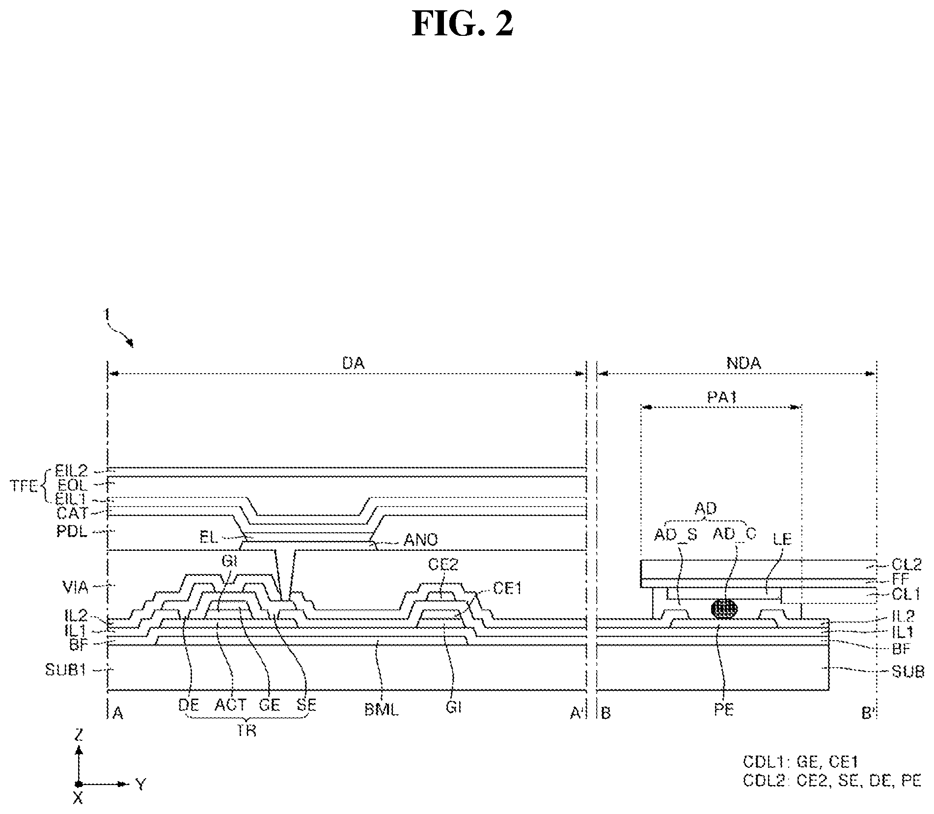 Patent US12588373 Figure 2 – Display device, and method for fabricating display device