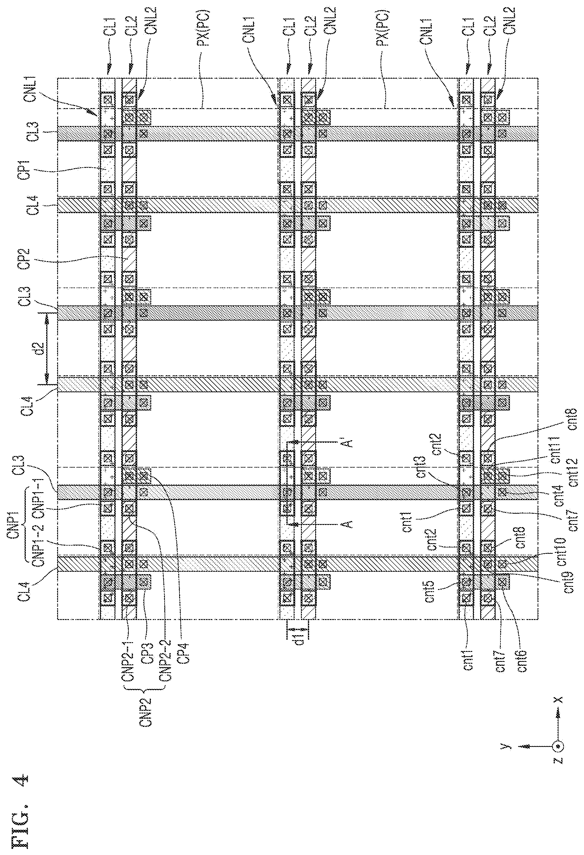 Patent US12588378 Figure 4 – Display apparatus including connecting patterns connecting conductive patters