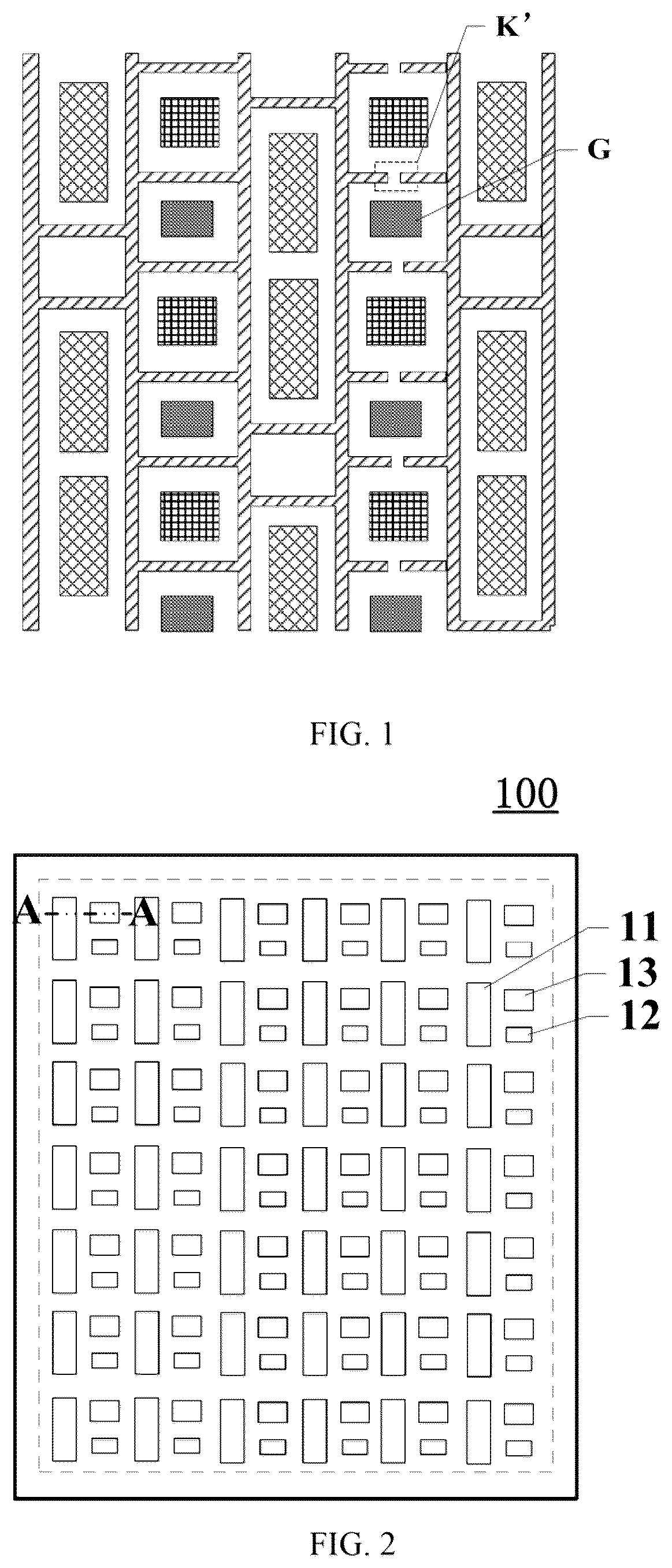Patent US12588385 Figure 1 – Display panel and device with touch layer metal grid at peripheries of pixel openings
