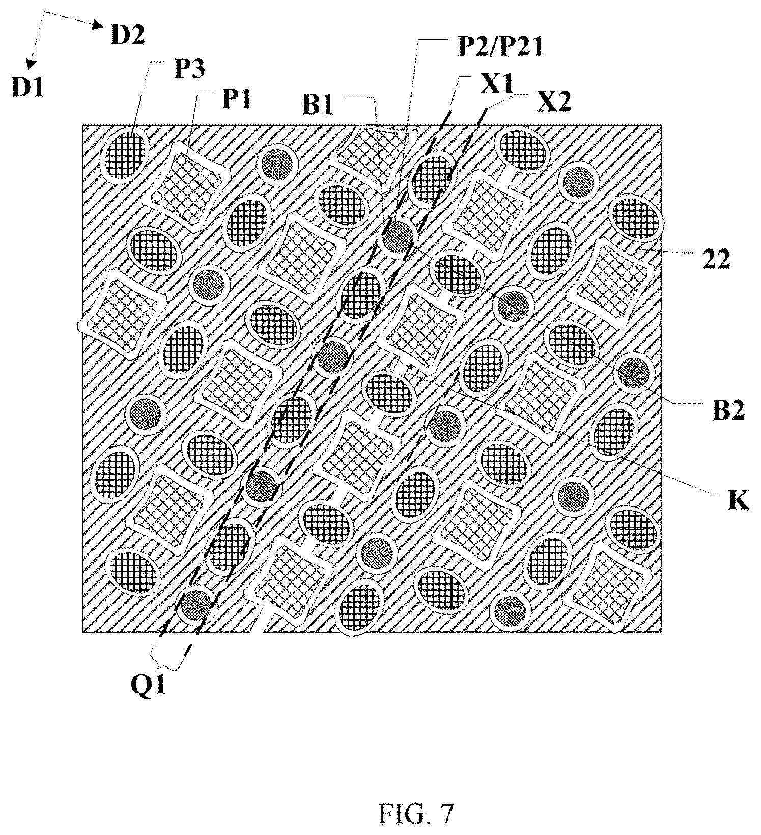 Patent US12588385 Figure 4 – Display panel and device with touch layer metal grid at peripheries of pixel openings