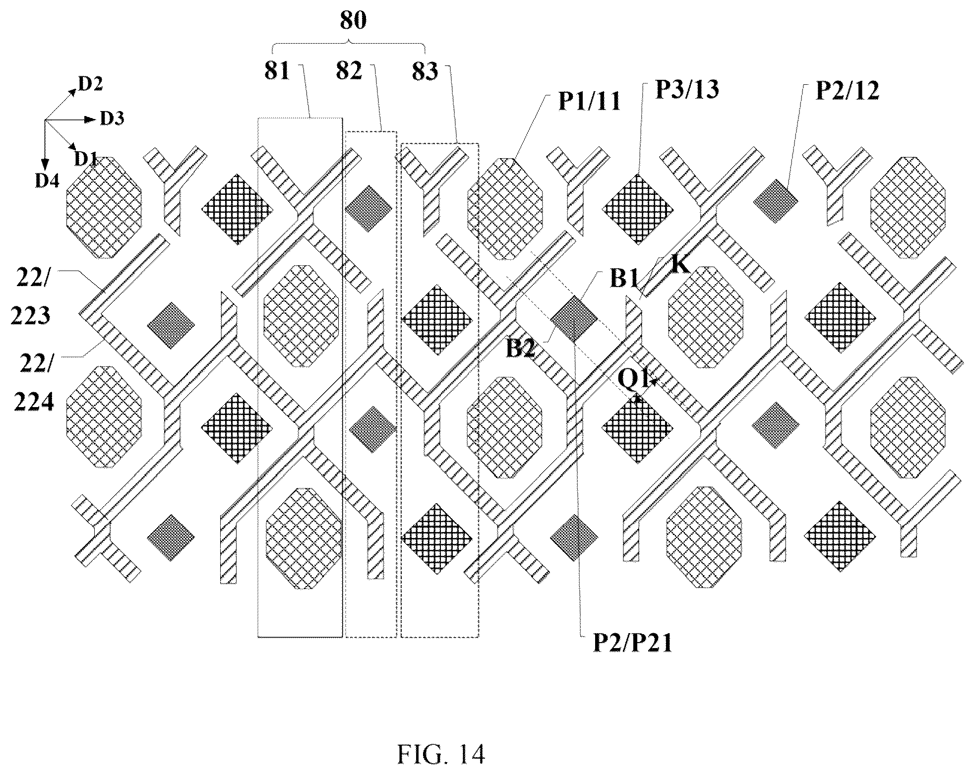 Patent US12588385 Figure 8 – Display panel and device with touch layer metal grid at peripheries of pixel openings