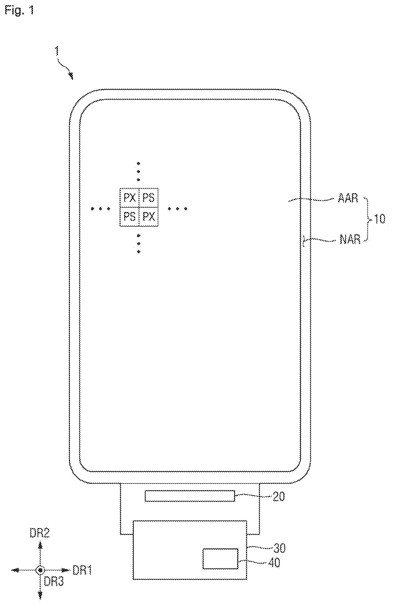 Patent US12588390 Figure 1 – Display device including alternating pixels and optical sensors