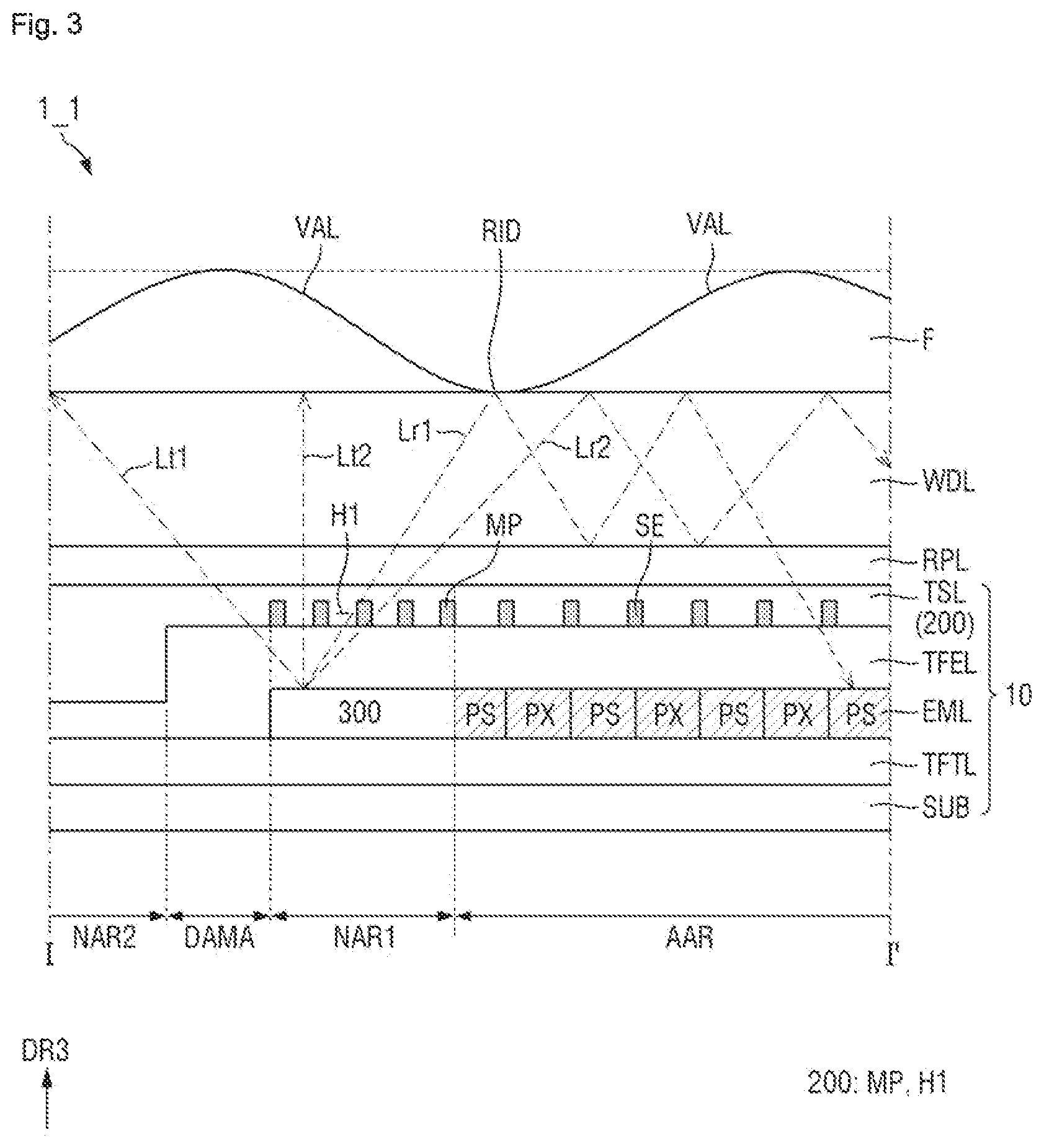 Patent US12588390 Figure 3 – Display device including alternating pixels and optical sensors
