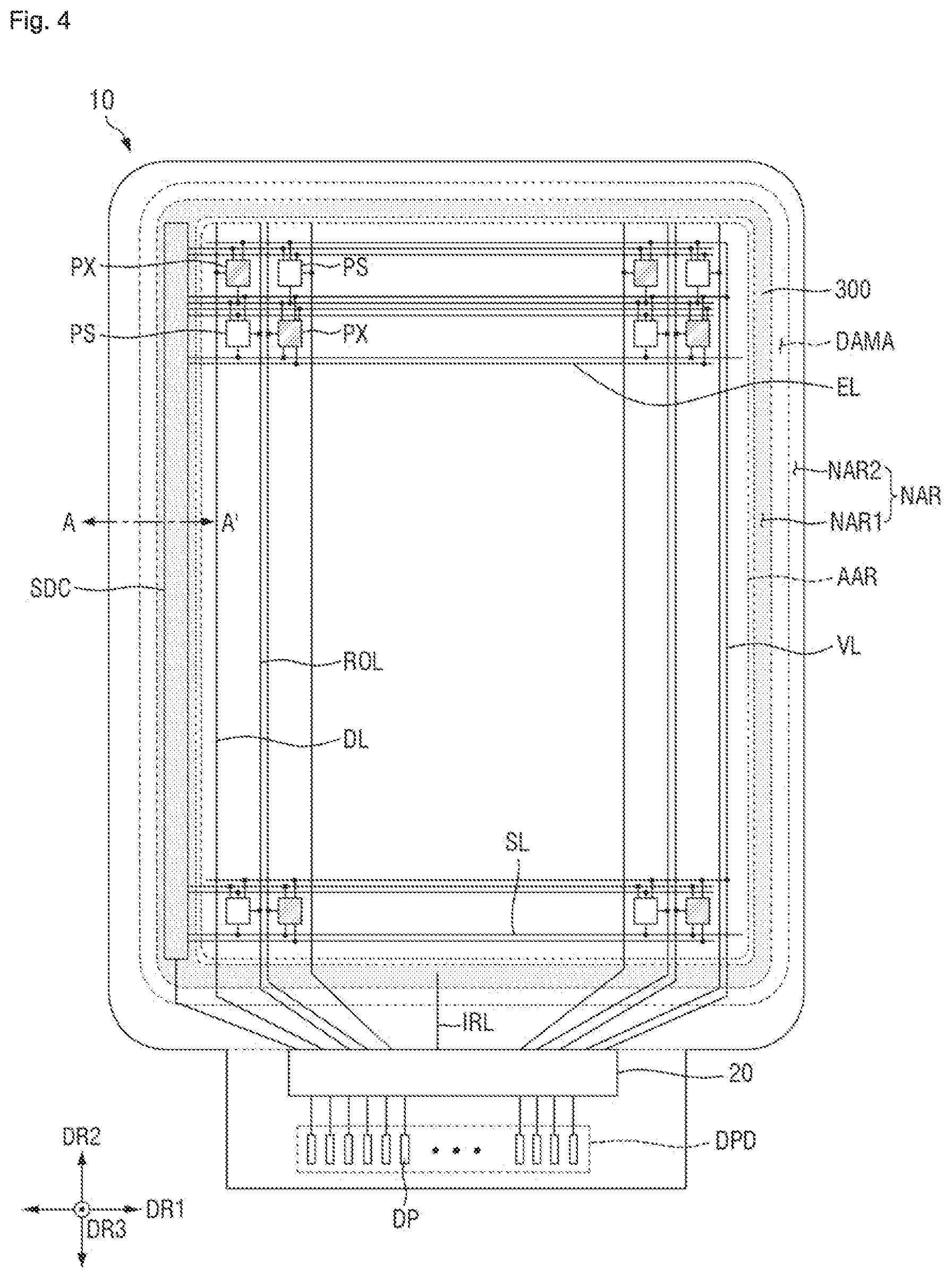 Patent US12588390 Figure 4 – Display device including alternating pixels and optical sensors