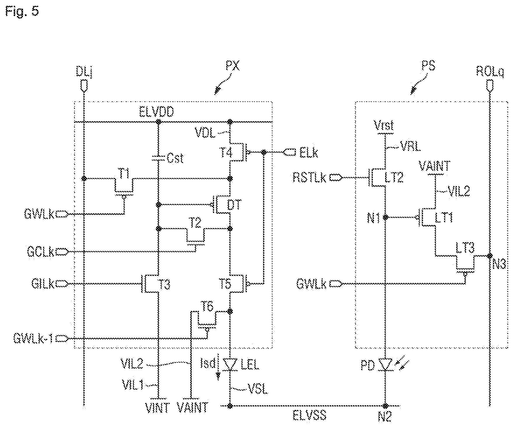 Patent US12588390 Figure 5 – Display device including alternating pixels and optical sensors