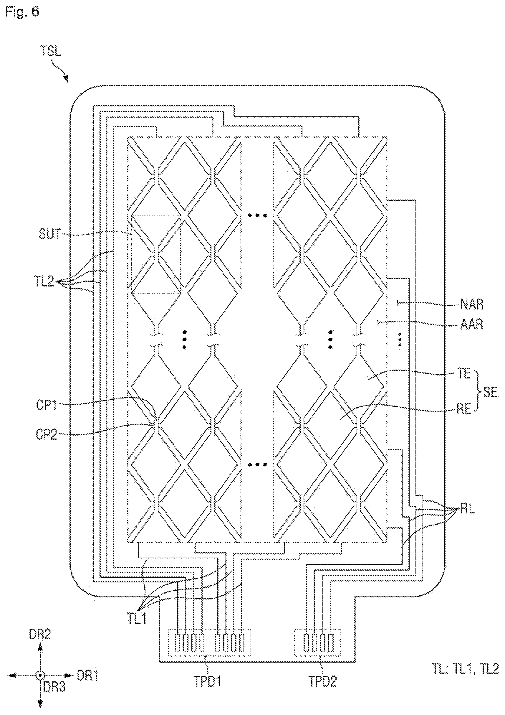 Patent US12588390 Figure 6 – Display device including alternating pixels and optical sensors